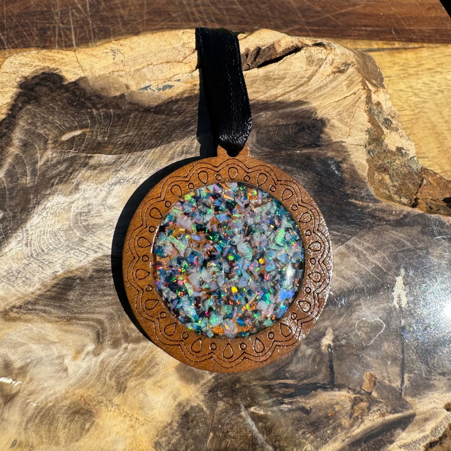 Coconut Wood and Australian Opal Chip Resin Inlay Pendant