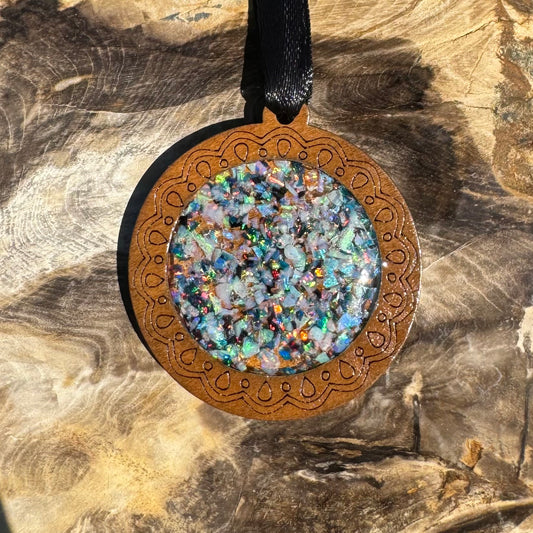 Coconut Wood and Australian Opal Chip Resin Inlay Pendant