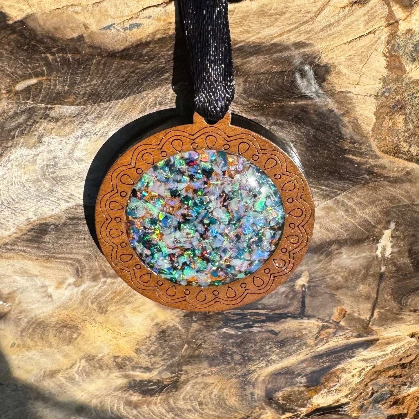 Coconut Wood and Australian Opal Chip Resin Inlay Pendant