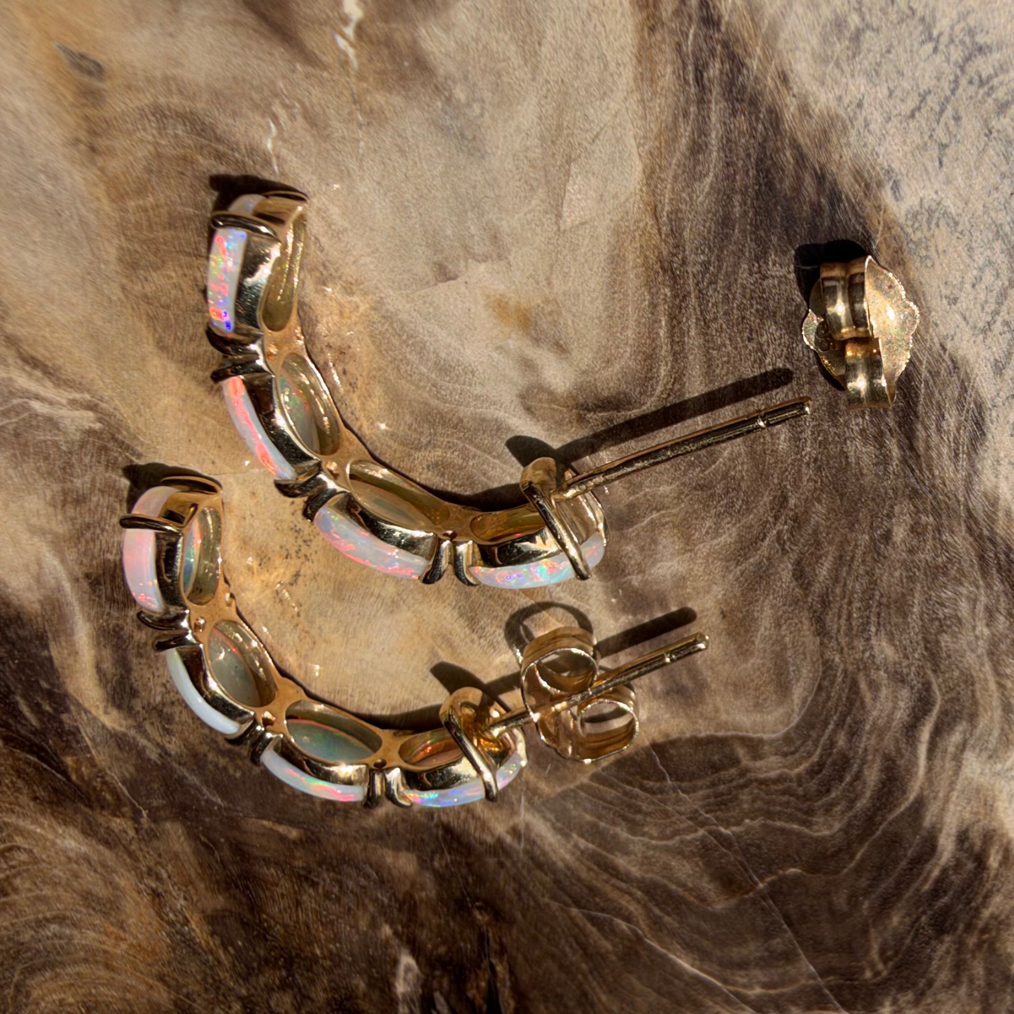 2ct Coober Pedy Opal Half Hoop Stud Earrings ~ 'Ulladulla Arc' | 14ct Yellow Gold | Solid Australian Opal