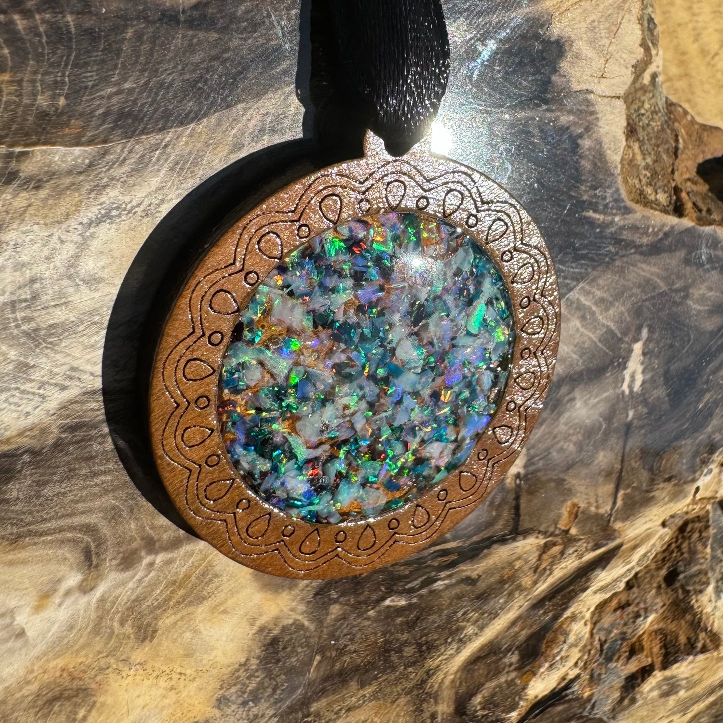 Coconut Wood and Australian Opal Chip Resin Inlay Pendant