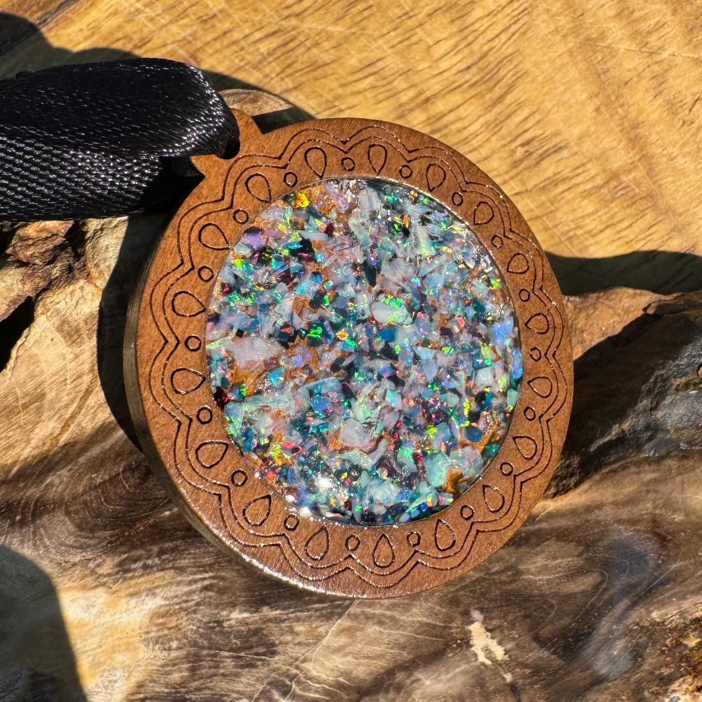 Coconut Wood and Australian Opal Chip Resin Inlay Pendant