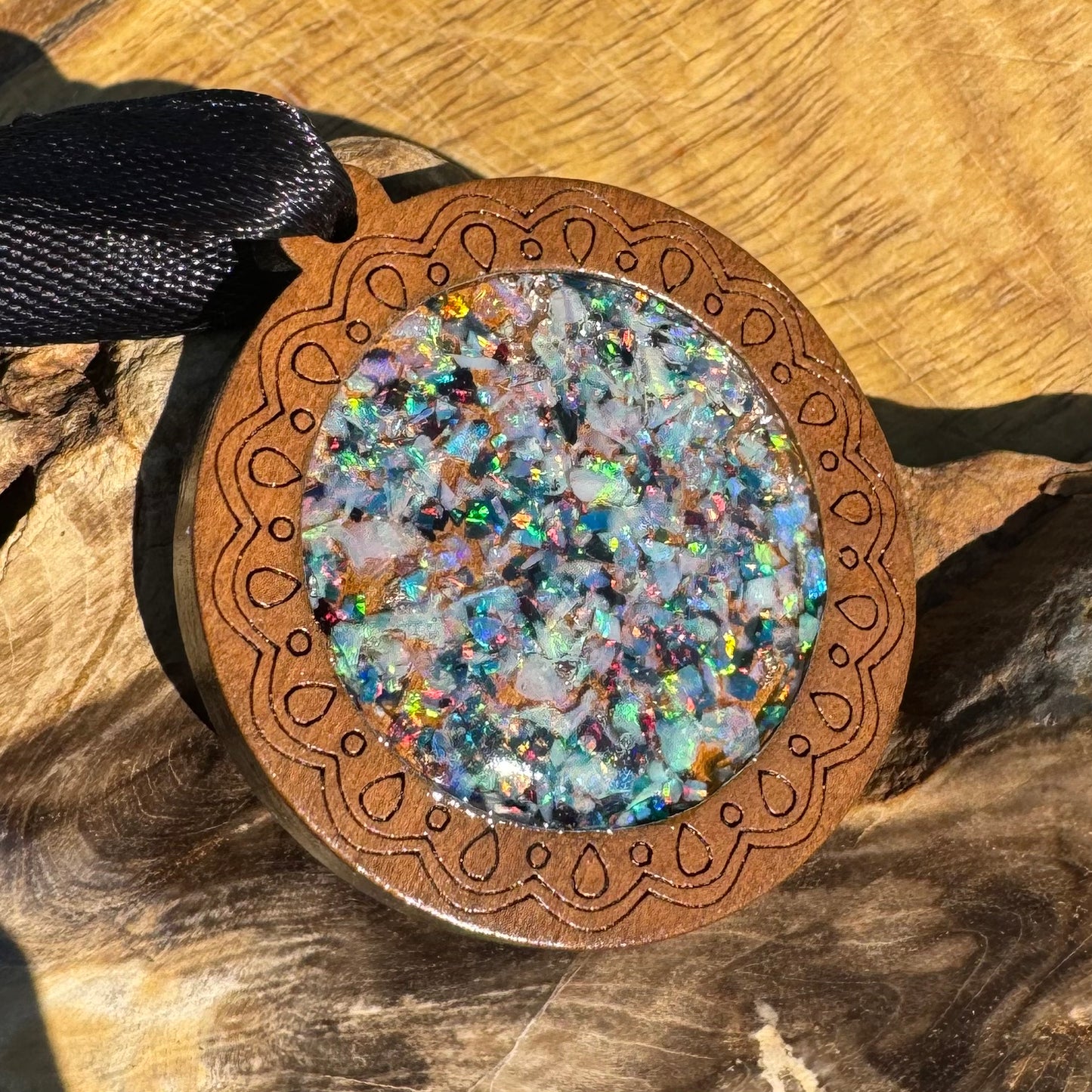 Coconut Wood and Australian Opal Chip Resin Inlay Pendant