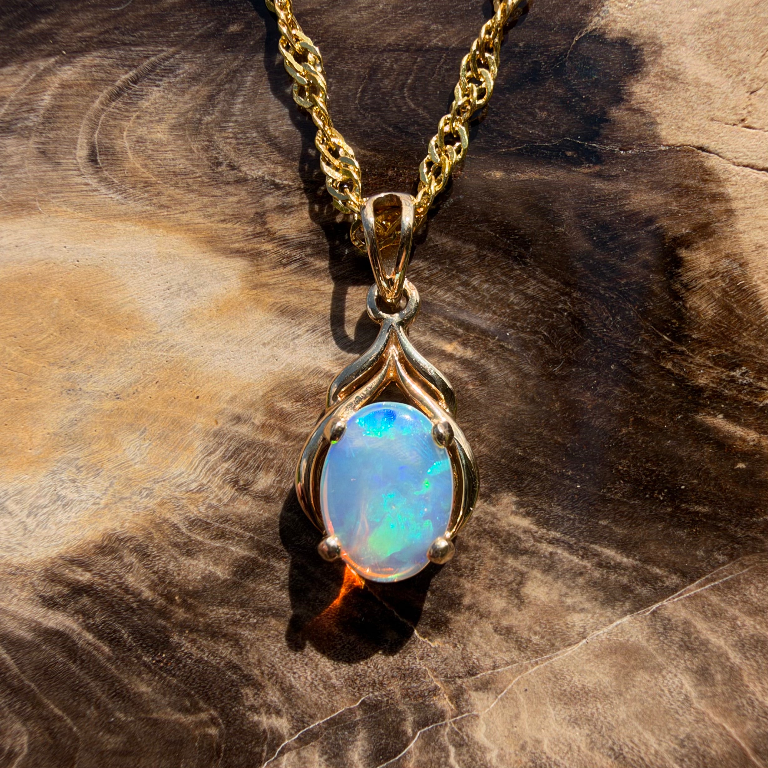 1ct Lightning Ridge Opal Pendant Necklace ~ 'Naracoorte Greens' | 14ct Yellow Gold | Solid Australian Opal