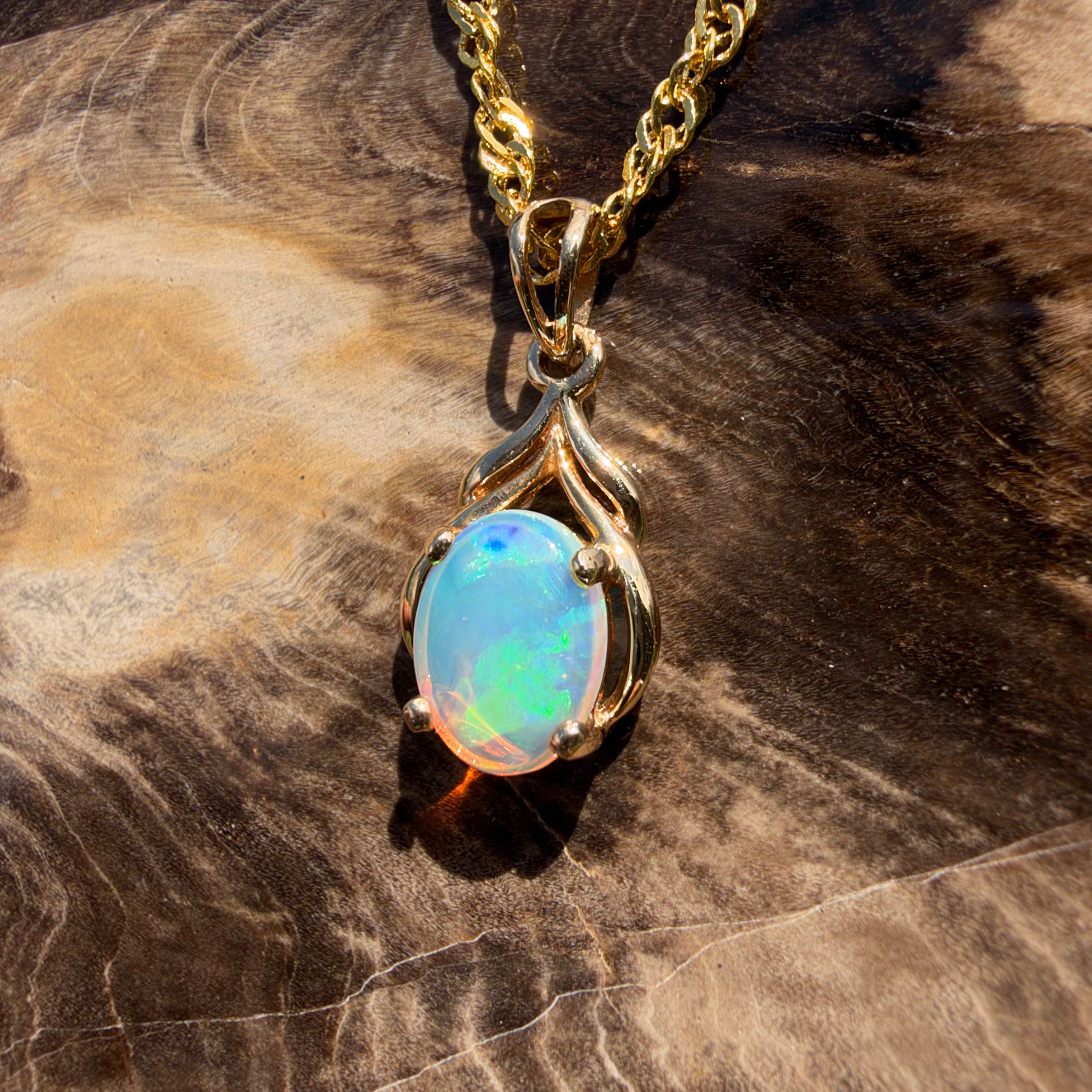 1ct Lightning Ridge Opal Pendant Necklace ~ 'Naracoorte Greens' | 14ct Yellow Gold | Solid Australian Opal