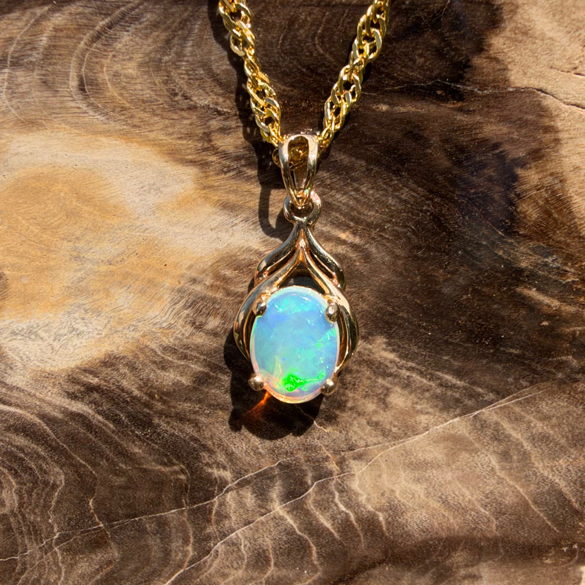 1ct Lightning Ridge Opal Pendant Necklace ~ 'Naracoorte Greens' | 14ct Yellow Gold | Solid Australian Opal