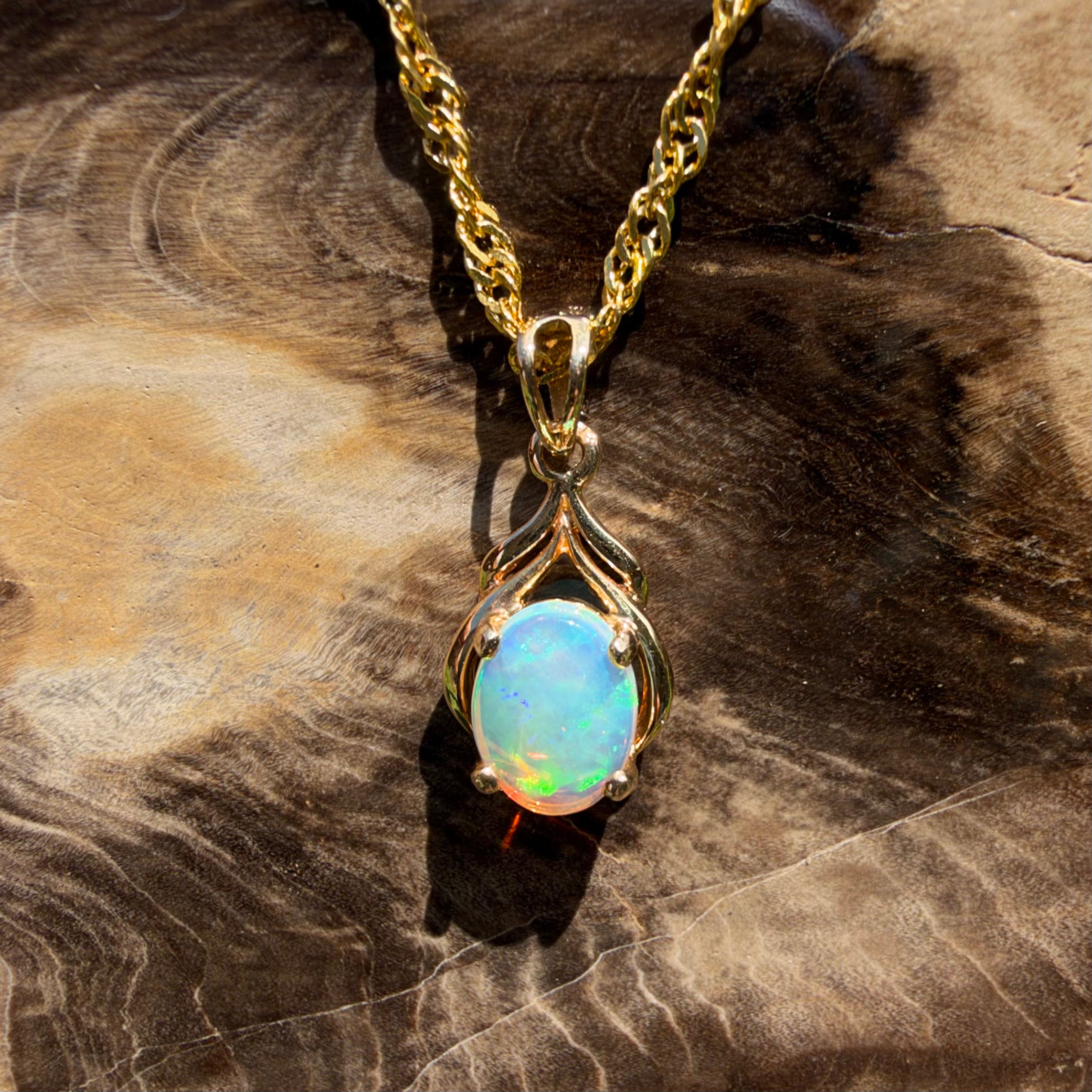 1ct Lightning Ridge Opal Pendant Necklace ~ 'Naracoorte Greens' | 14ct Yellow Gold | Solid Australian Opal