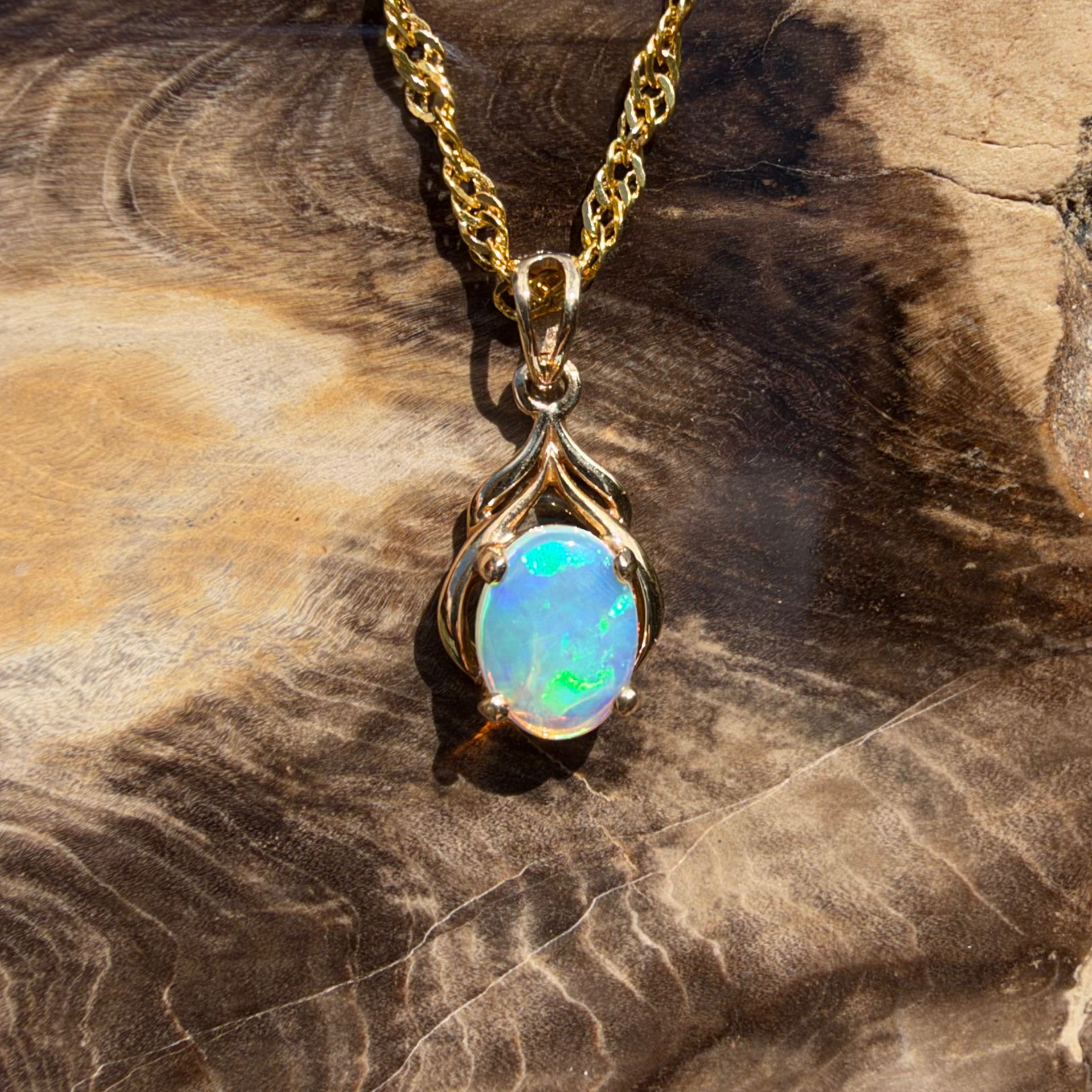 1ct Lightning Ridge Opal Pendant Necklace ~ 'Naracoorte Greens' | 14ct Yellow Gold | Solid Australian Opal