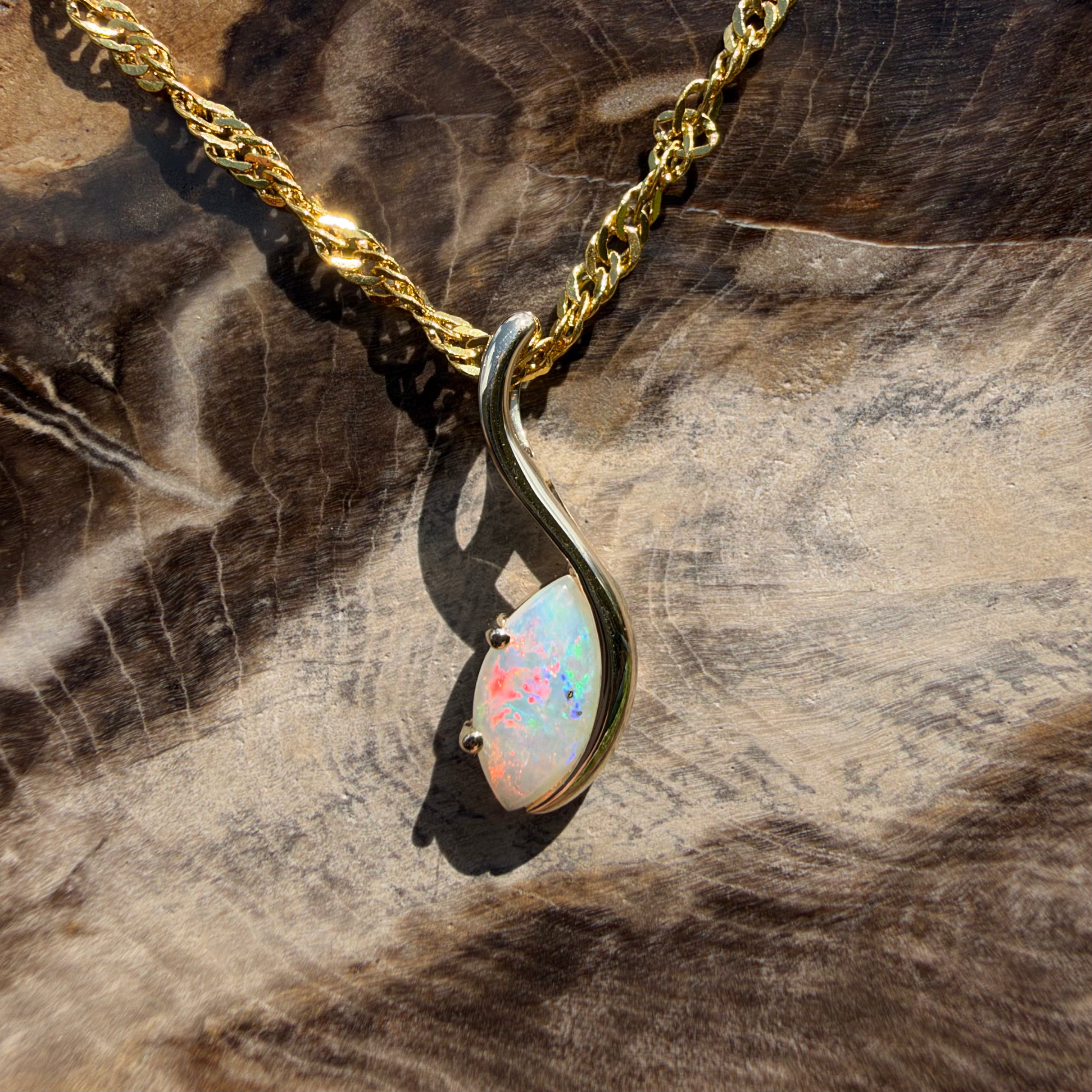 0.4ct Coober Pedy Opal Pendant Necklace ~ 'Mossman Gorge Dewdrop' | 9ct Yellow Gold | Solid Australian Opal