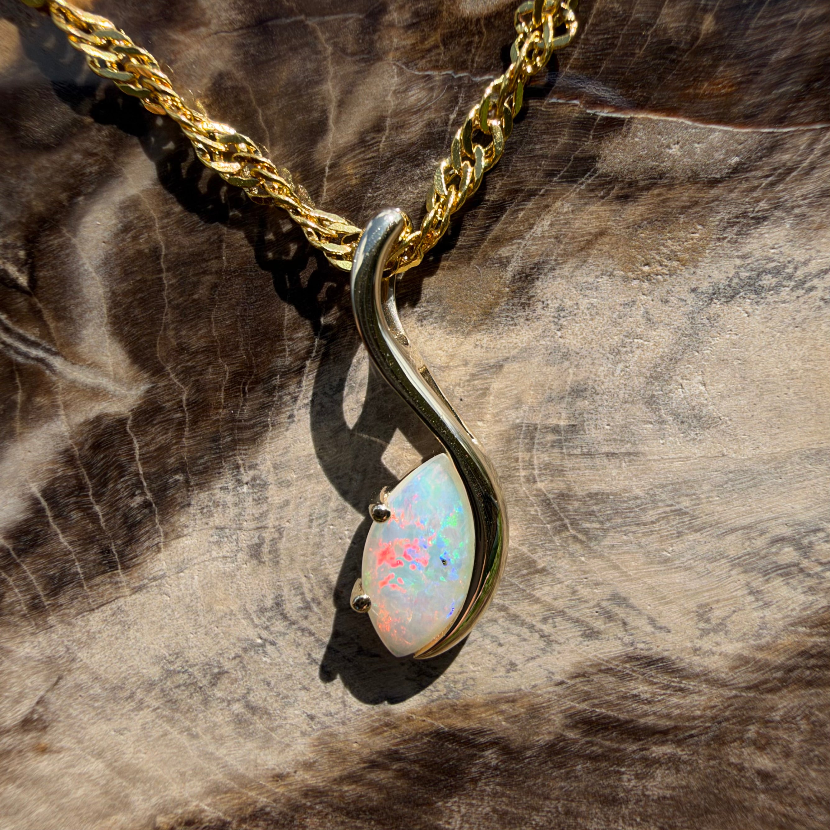 0.4ct Coober Pedy Opal Pendant Necklace ~ 'Mossman Gorge Dewdrop' | 9ct Yellow Gold | Solid Australian Opal