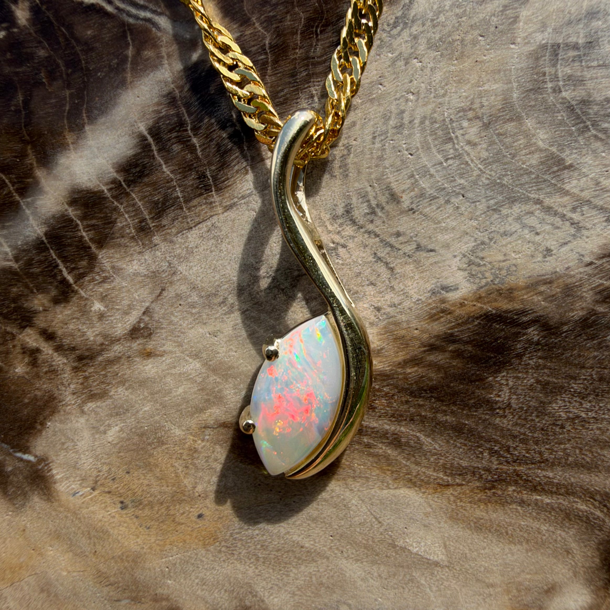 0.4ct Coober Pedy Opal Pendant Necklace ~ 'Russell Falls Droplet' | 9ct Yellow Gold | Solid Australian Opal