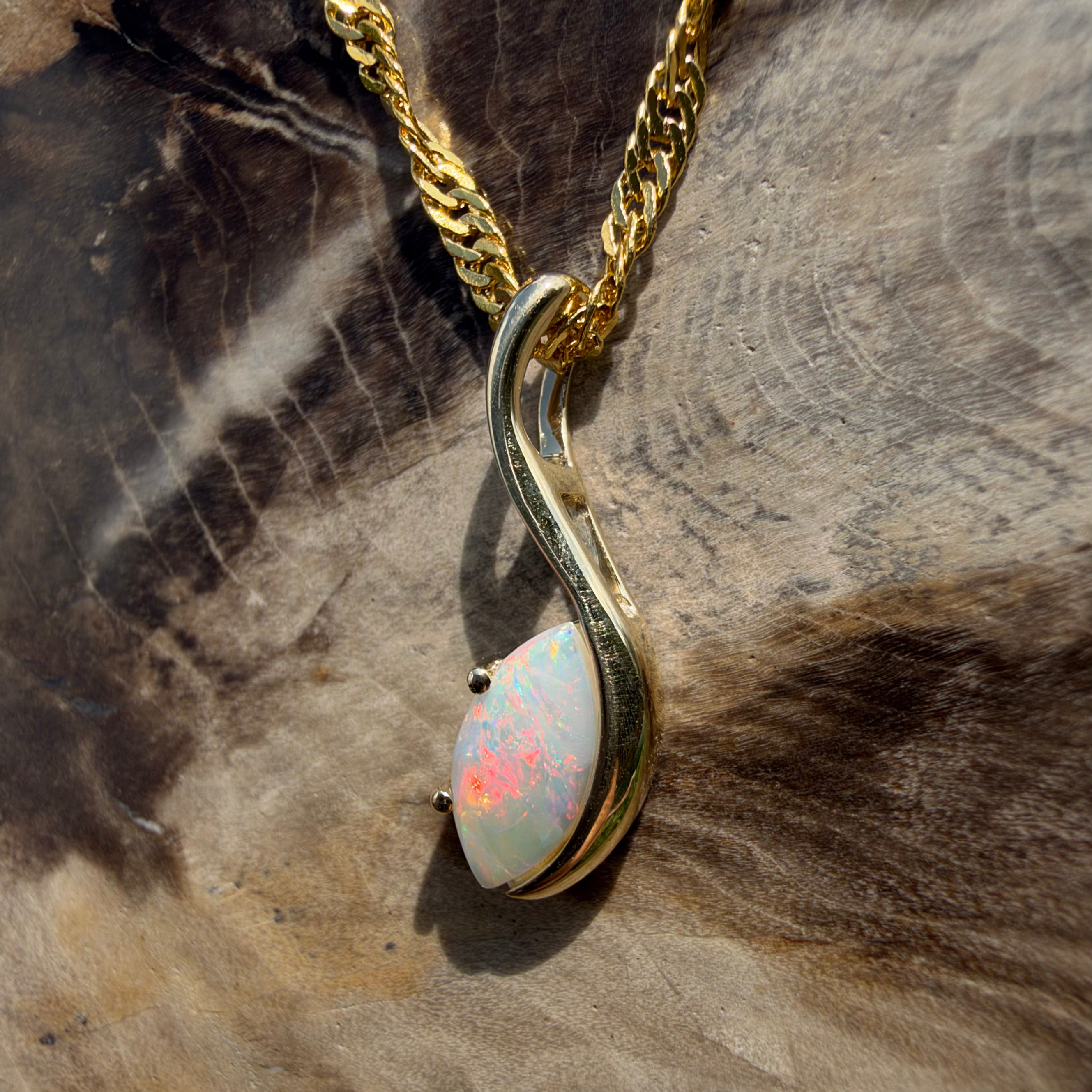 0.4ct Coober Pedy Opal Pendant Necklace ~ 'Russell Falls Droplet' | 9ct Yellow Gold | Solid Australian Opal