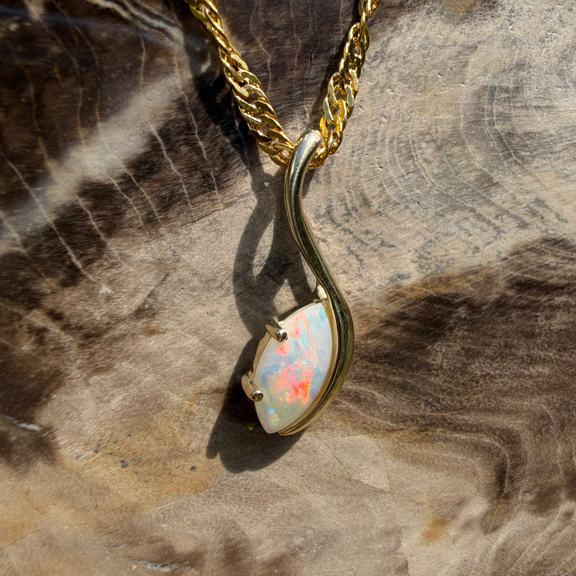 0.4ct Coober Pedy Opal Pendant Necklace ~ 'Russell Falls Droplet' | 9ct Yellow Gold | Solid Australian Opal