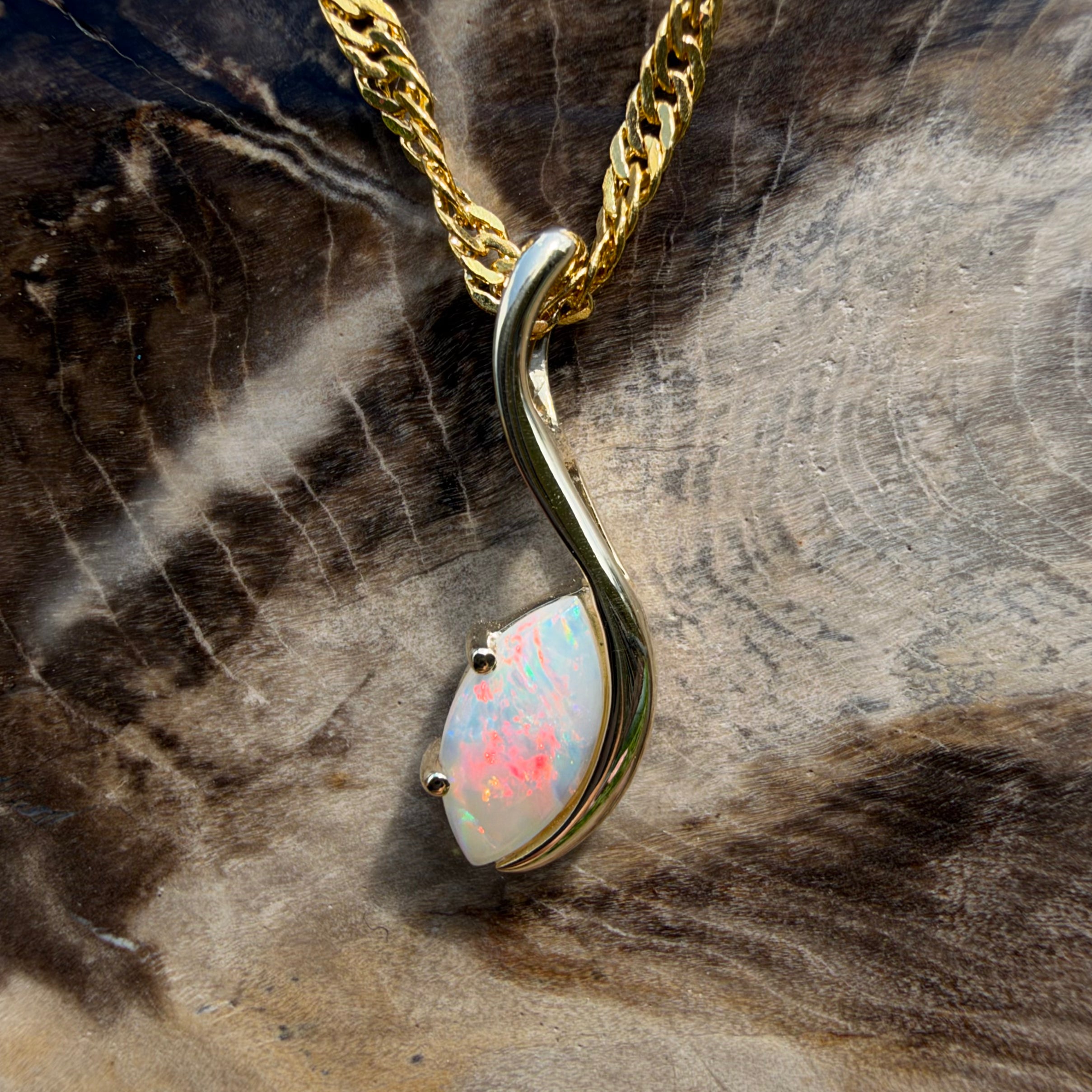 0.4ct Coober Pedy Opal Pendant Necklace ~ 'Russell Falls Droplet' | 9ct Yellow Gold | Solid Australian Opal