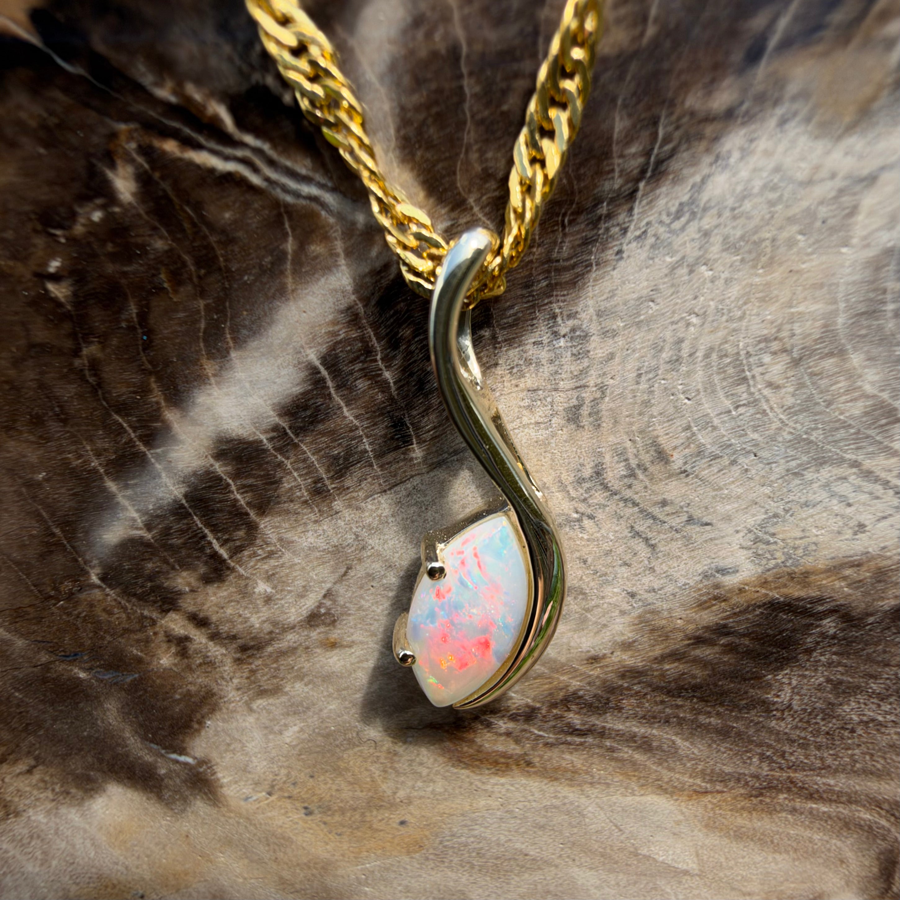 0.4ct Coober Pedy Opal Pendant Necklace ~ 'Russell Falls Droplet' | 9ct Yellow Gold | Solid Australian Opal