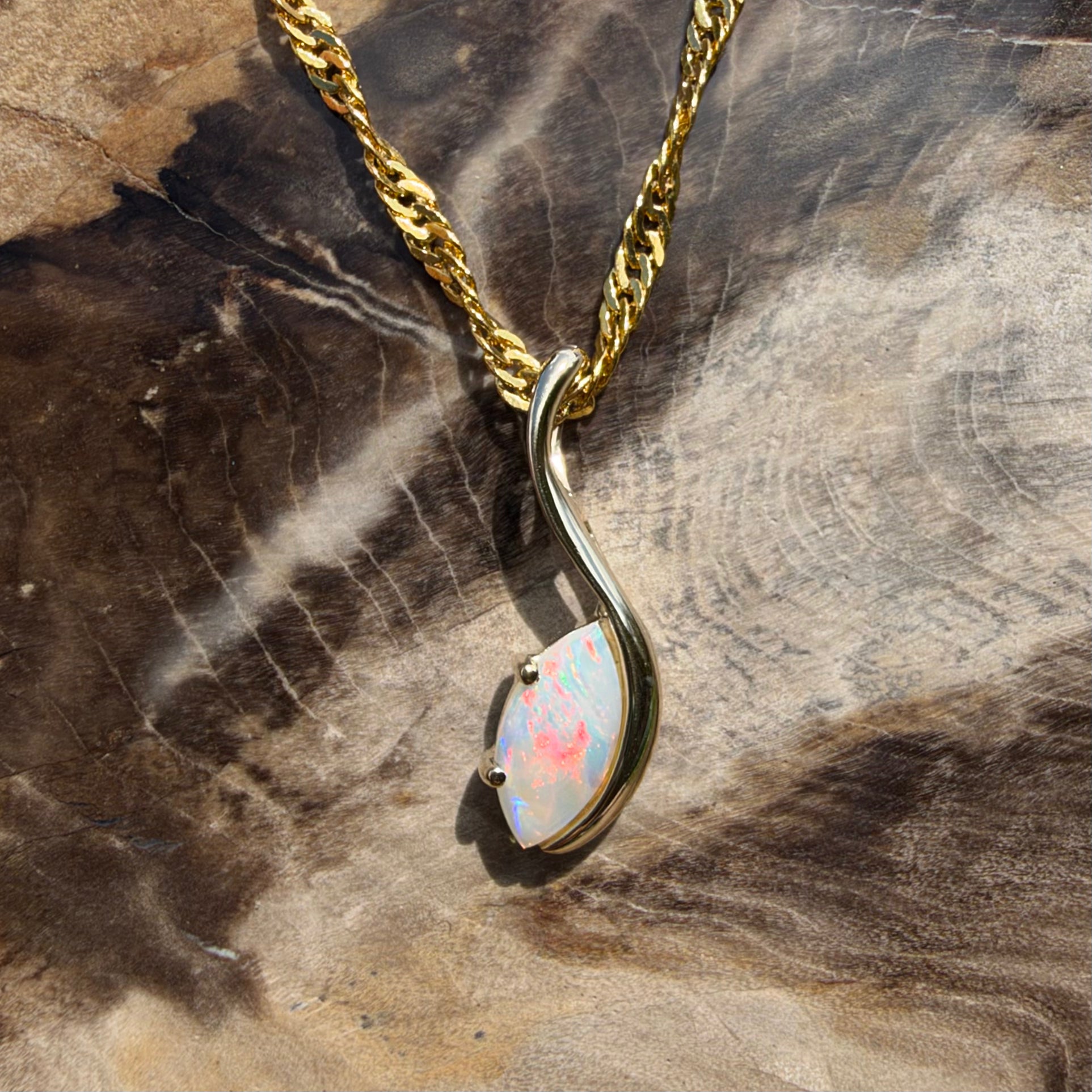 0.4ct Coober Pedy Opal Pendant Necklace ~ 'Russell Falls Droplet' | 9ct Yellow Gold | Solid Australian Opal