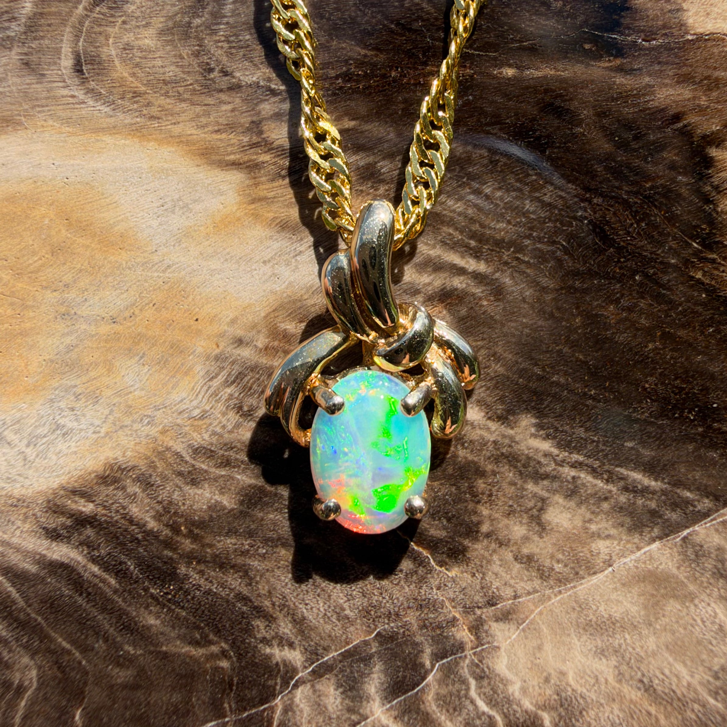 0.5ct Coober Pedy Opal Bypass Pendant Necklace ~ 'Huskisson Drift' | 14ct Yellow Gold | Solid Australian Opal