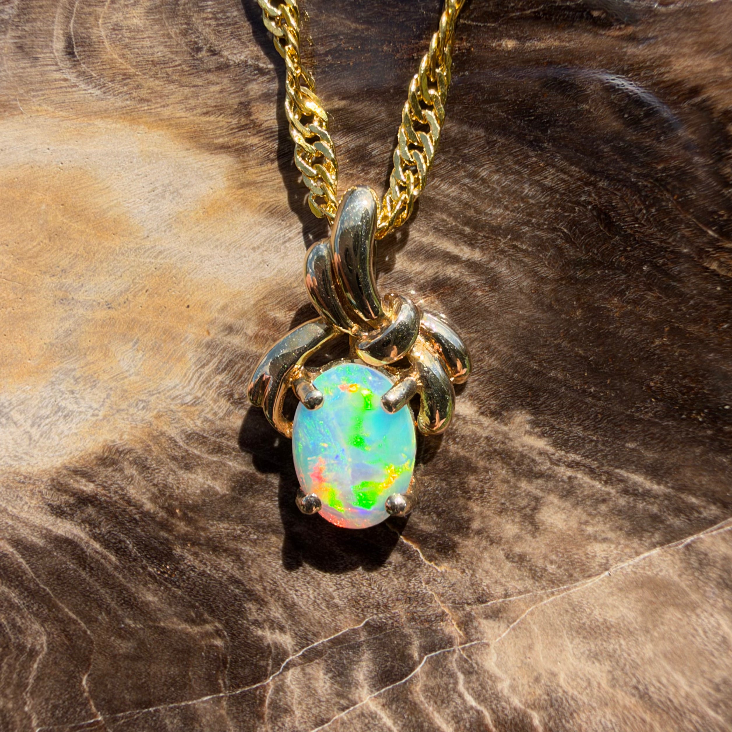 0.5ct Coober Pedy Opal Bypass Pendant Necklace ~ 'Huskisson Drift' | 14ct Yellow Gold | Solid Australian Opal