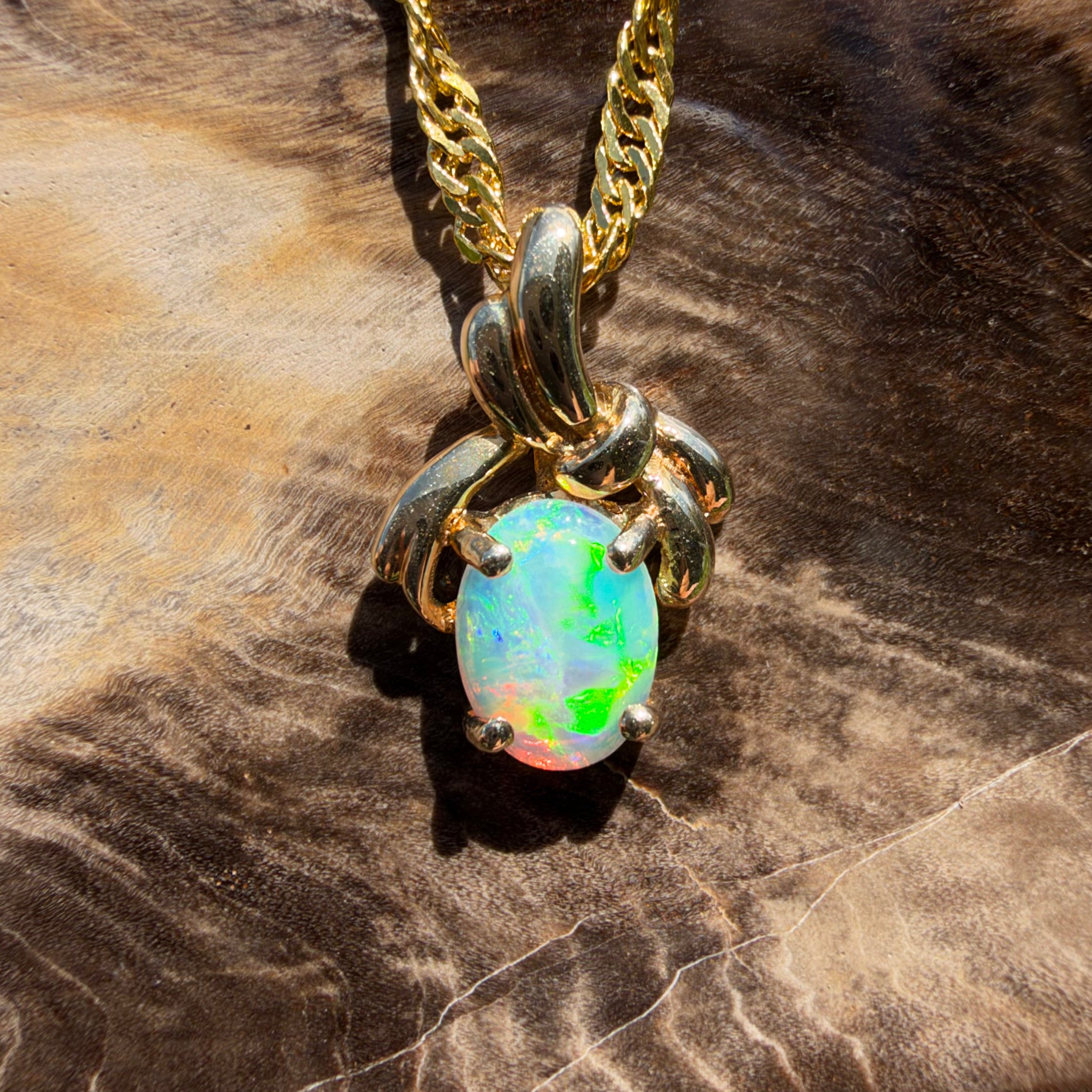 0.5ct Coober Pedy Opal Bypass Pendant Necklace ~ 'Huskisson Drift' | 14ct Yellow Gold | Solid Australian Opal
