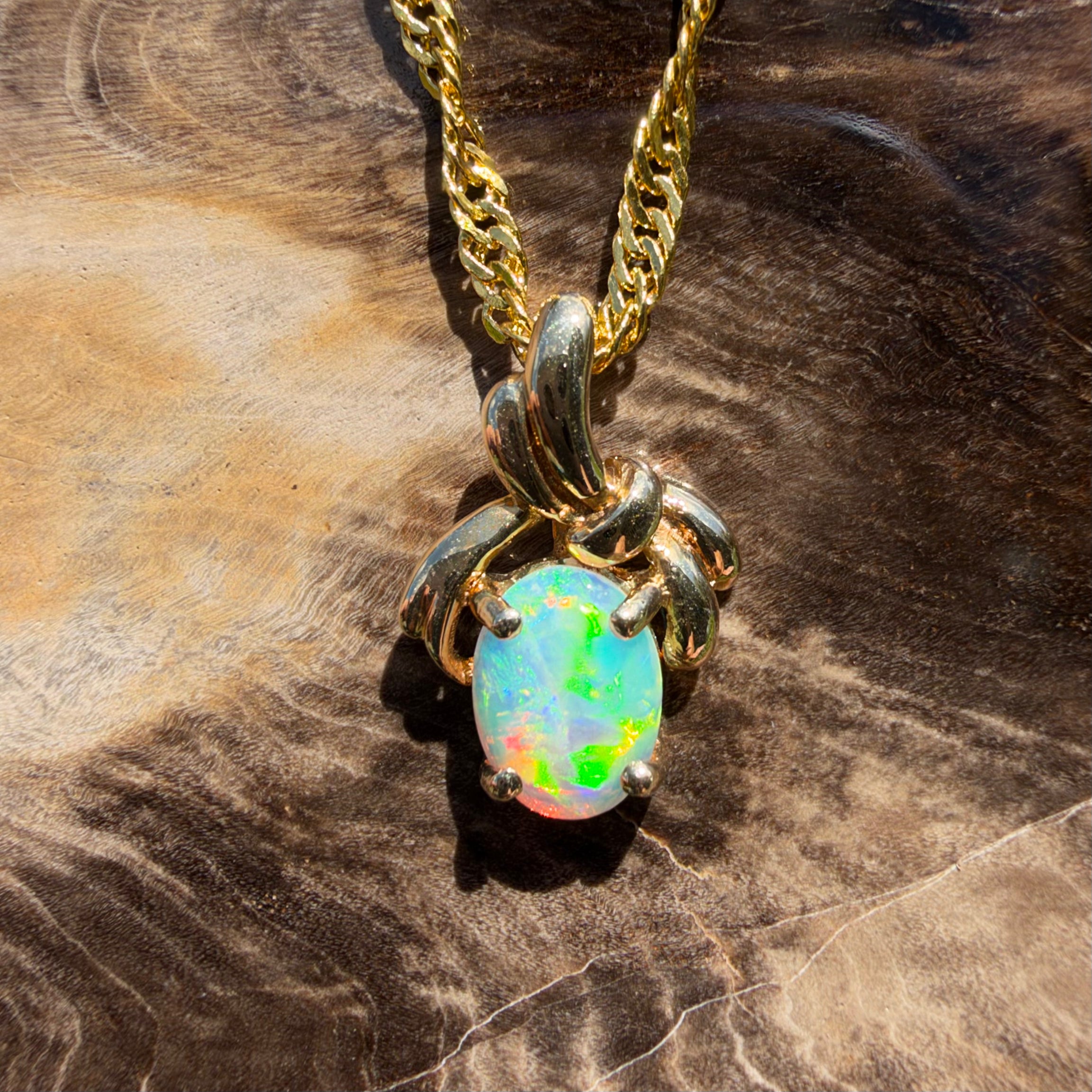 0.5ct Coober Pedy Opal Bypass Pendant Necklace ~ 'Huskisson Drift' | 14ct Yellow Gold | Solid Australian Opal