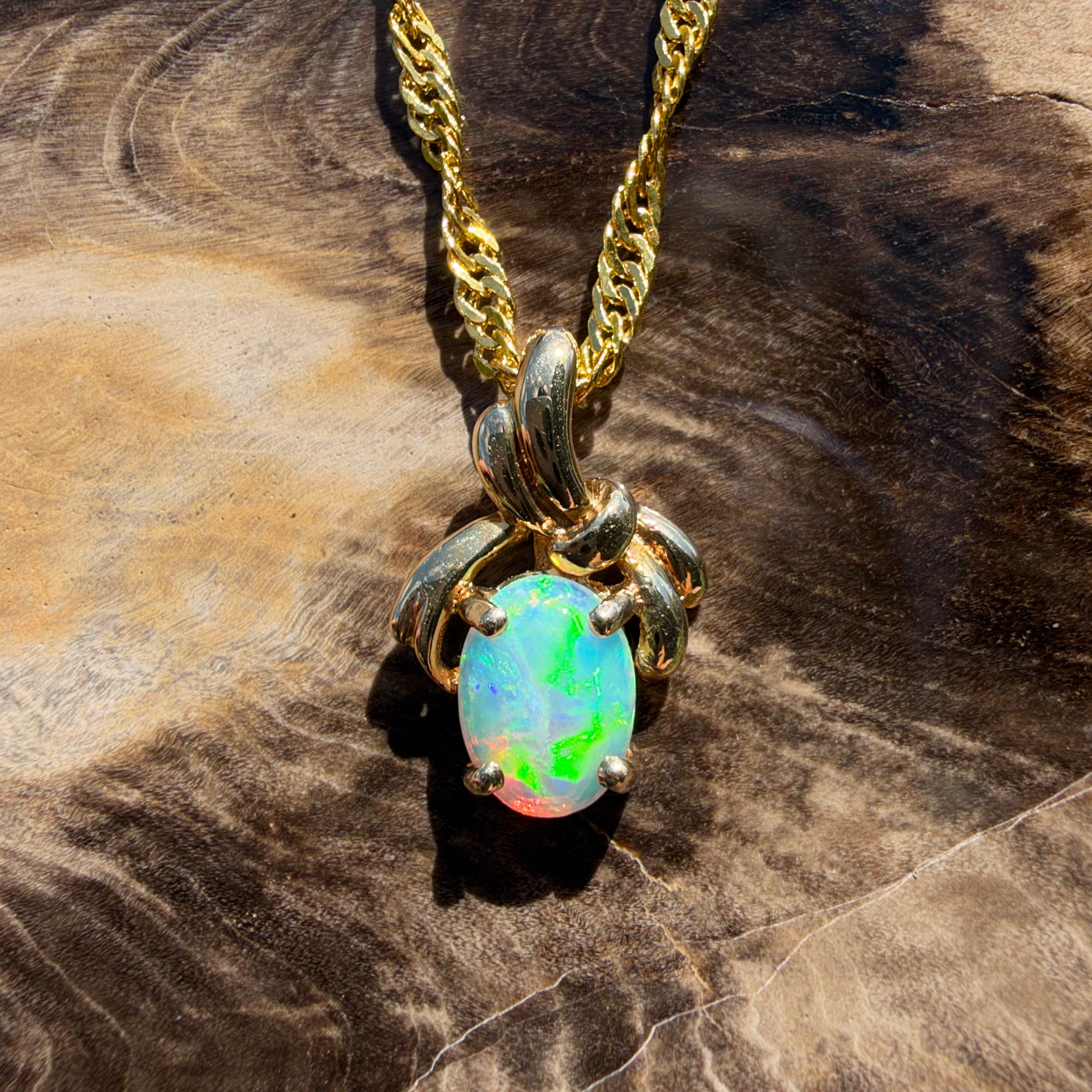 0.5ct Coober Pedy Opal Bypass Pendant Necklace ~ 'Huskisson Drift' | 14ct Yellow Gold | Solid Australian Opal