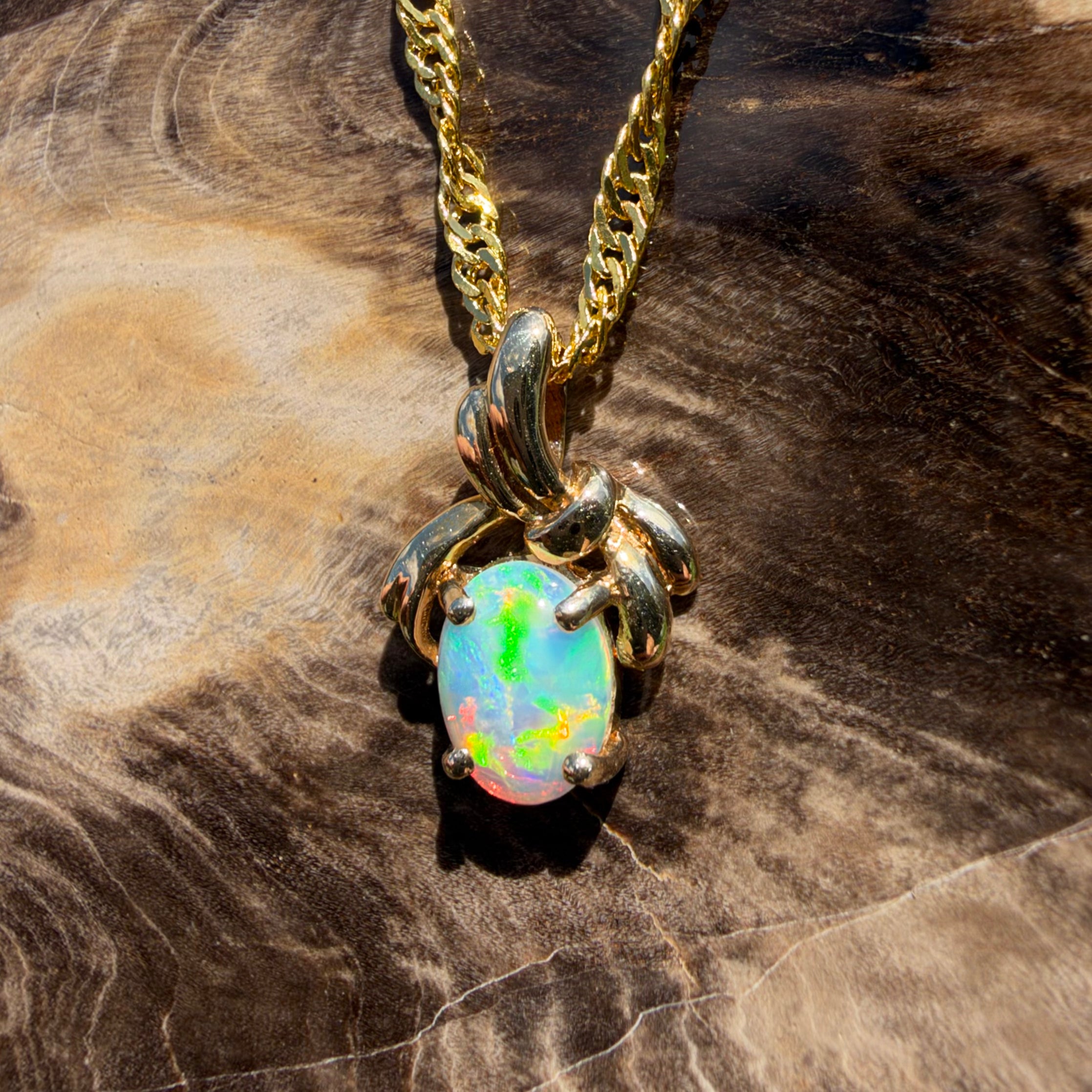 0.5ct Coober Pedy Opal Bypass Pendant Necklace ~ 'Huskisson Drift' | 14ct Yellow Gold | Solid Australian Opal