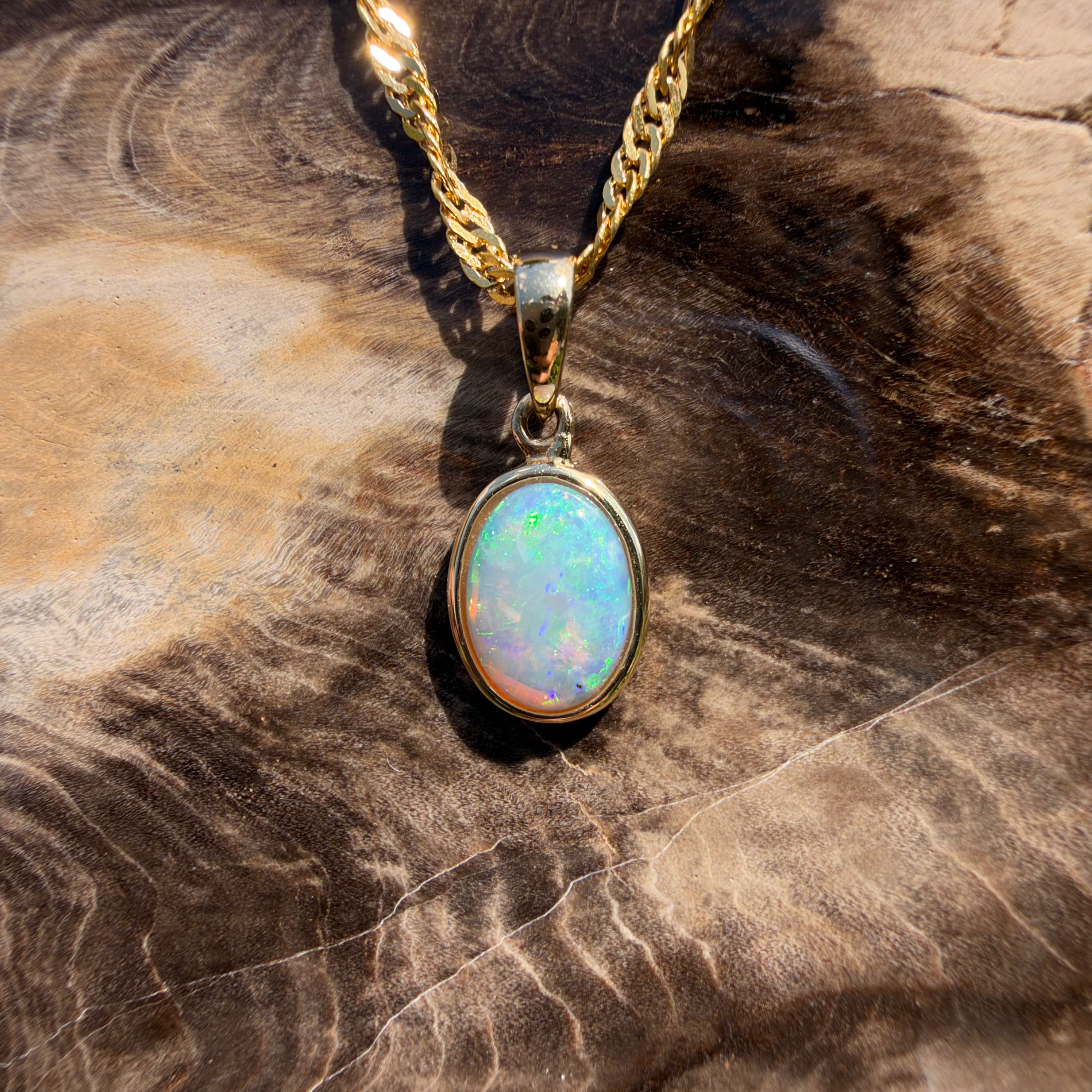 0.9ct Coober Pedy Opal Pendant Necklace ~ 'Cockle Creek Halo' | 14ct Yellow Gold | Solid Australian Opal