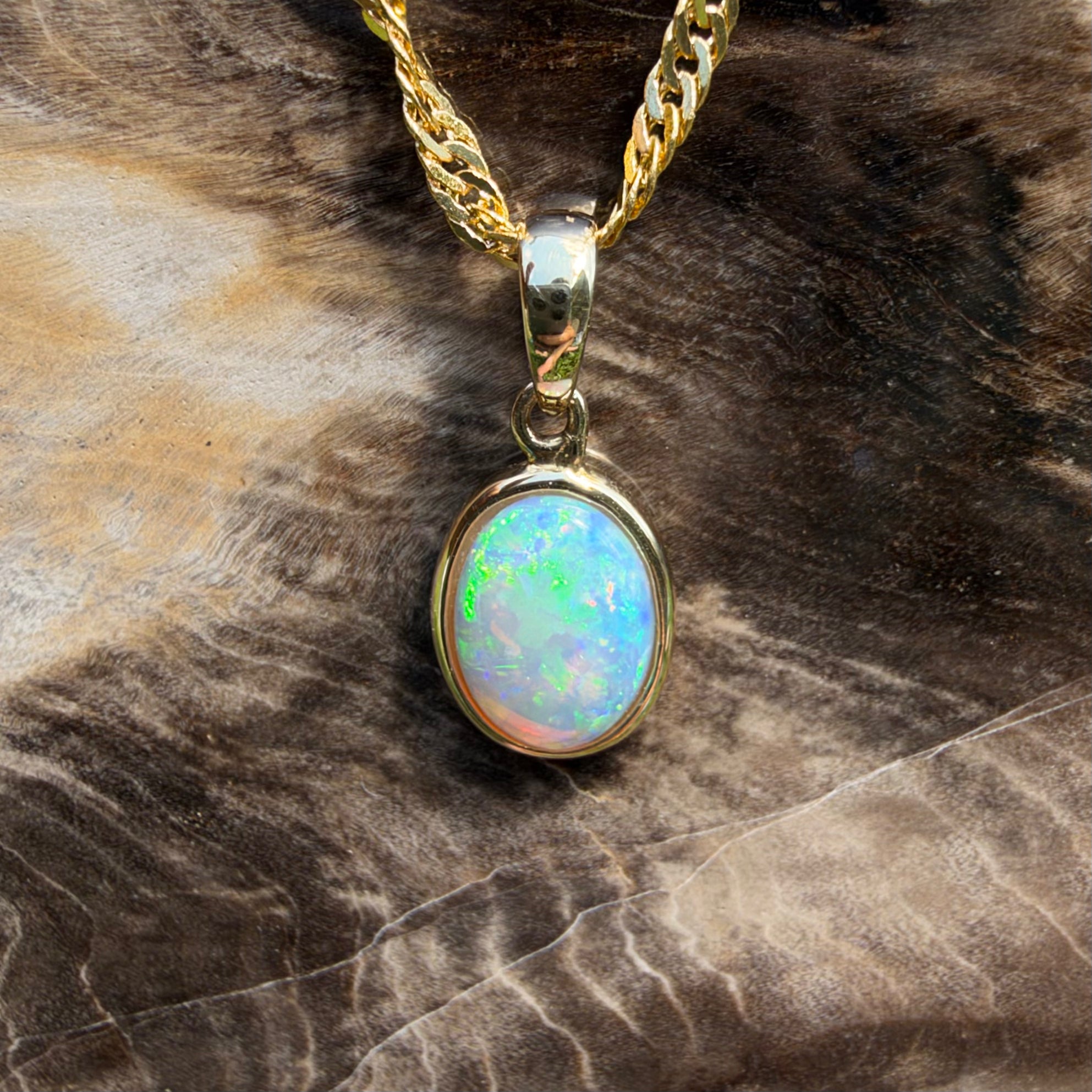 0.9ct Coober Pedy Opal Pendant Necklace ~ 'Cockle Creek Halo' | 14ct Yellow Gold | Solid Australian Opal