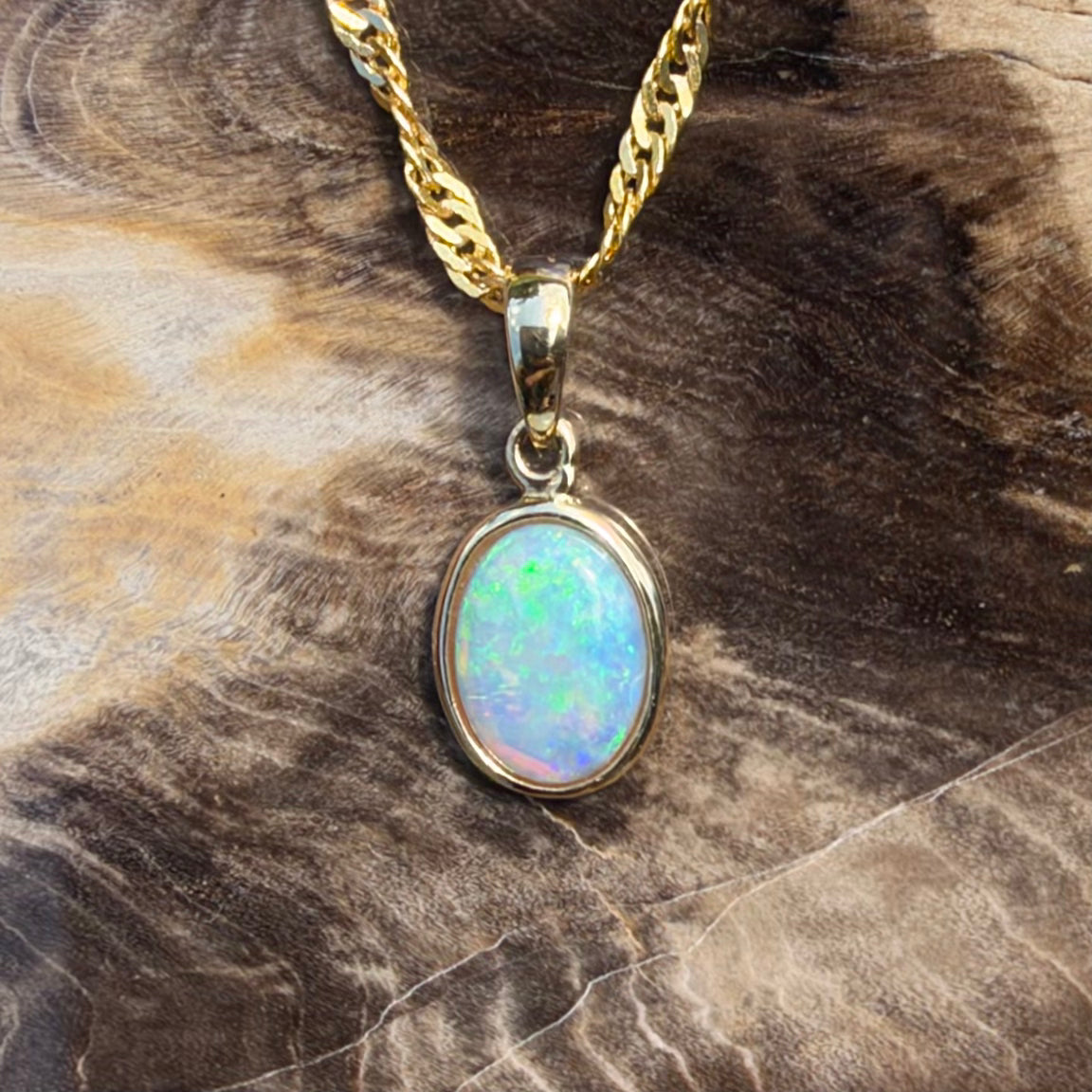 0.9ct Coober Pedy Opal Pendant Necklace ~ 'Cockle Creek Halo' | 14ct Yellow Gold | Solid Australian Opal