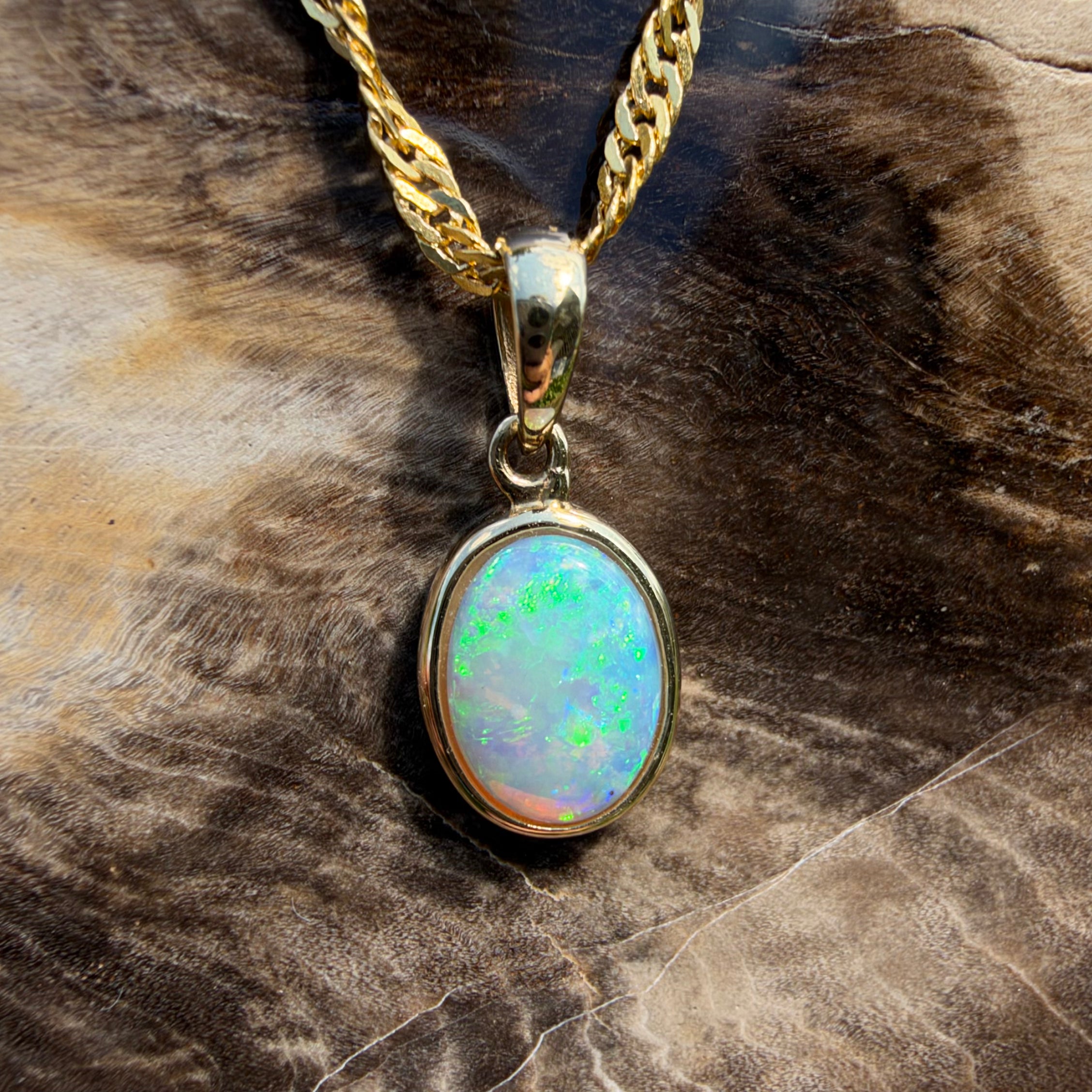 0.9ct Coober Pedy Opal Pendant Necklace ~ 'Cockle Creek Halo' | 14ct Yellow Gold | Solid Australian Opal