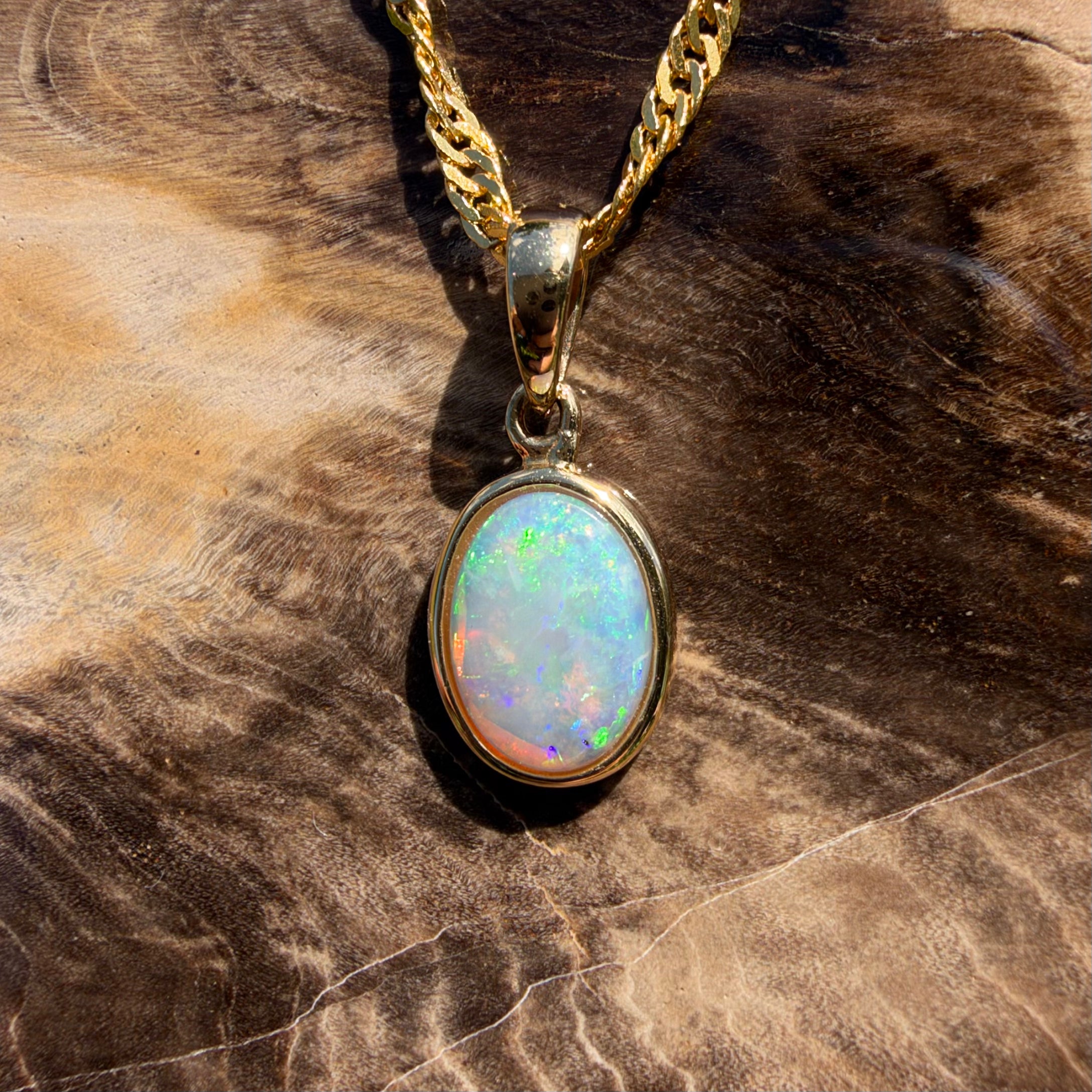 0.9ct Coober Pedy Opal Pendant Necklace ~ 'Cockle Creek Halo' | 14ct Yellow Gold | Solid Australian Opal
