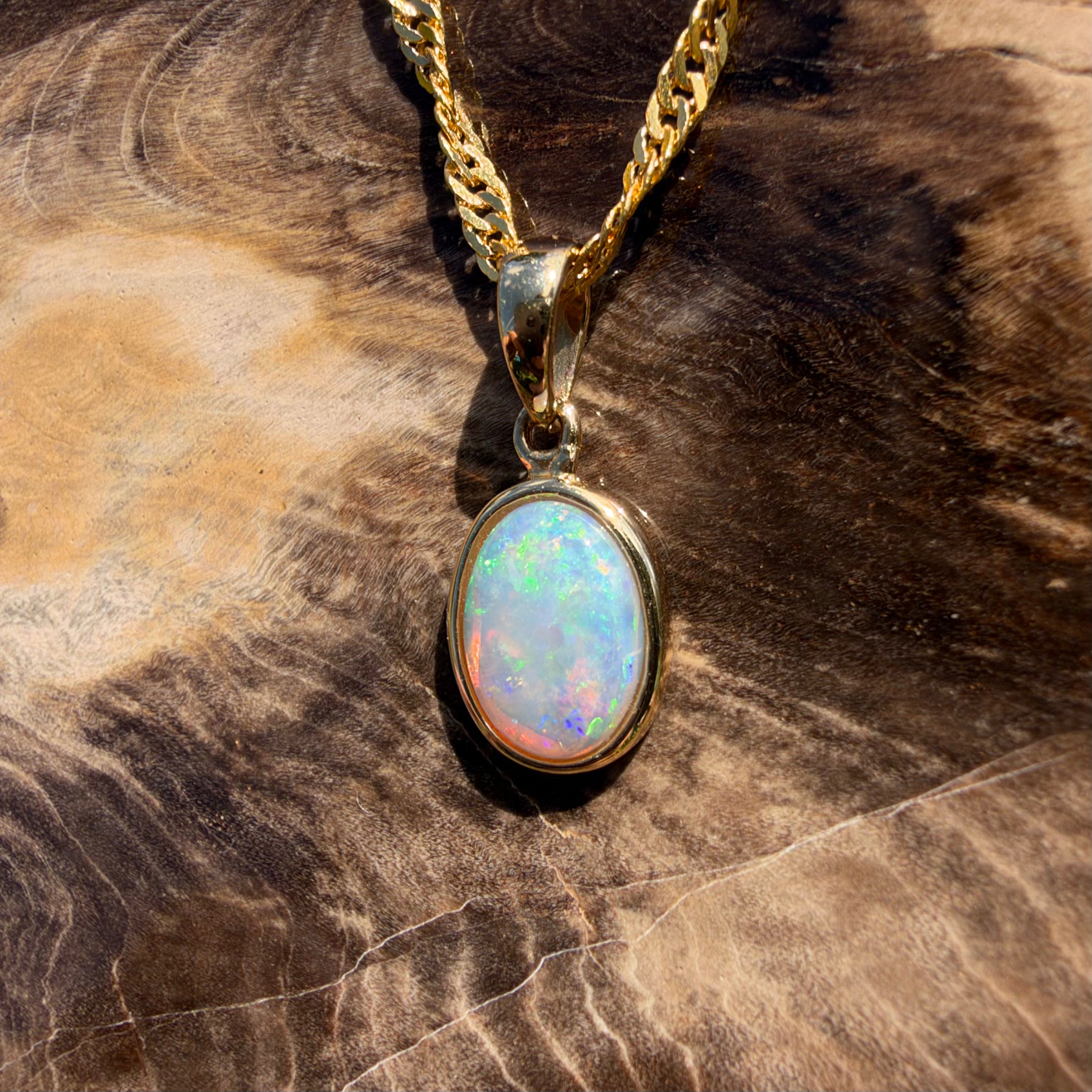 0.9ct Coober Pedy Opal Pendant Necklace ~ 'Cockle Creek Halo' | 14ct Yellow Gold | Solid Australian Opal