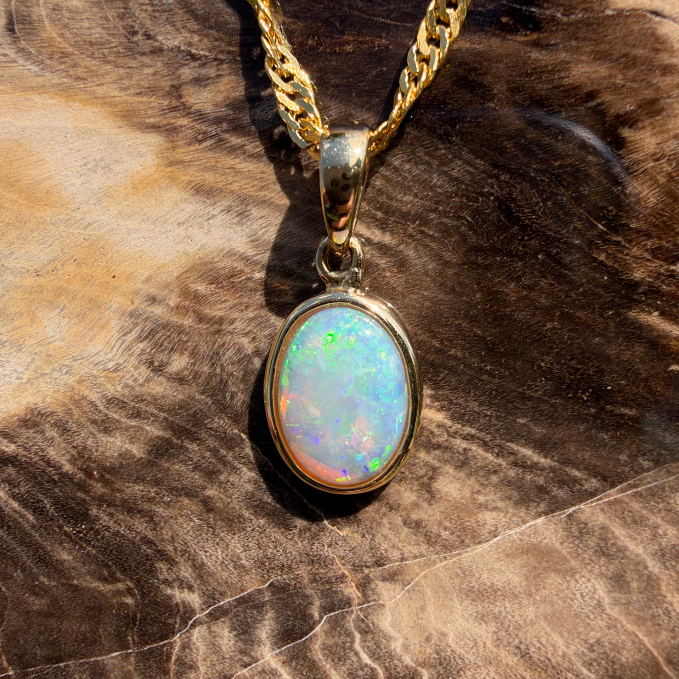 0.9ct Coober Pedy Opal Pendant Necklace ~ 'Cockle Creek Halo' | 14ct Yellow Gold | Solid Australian Opal