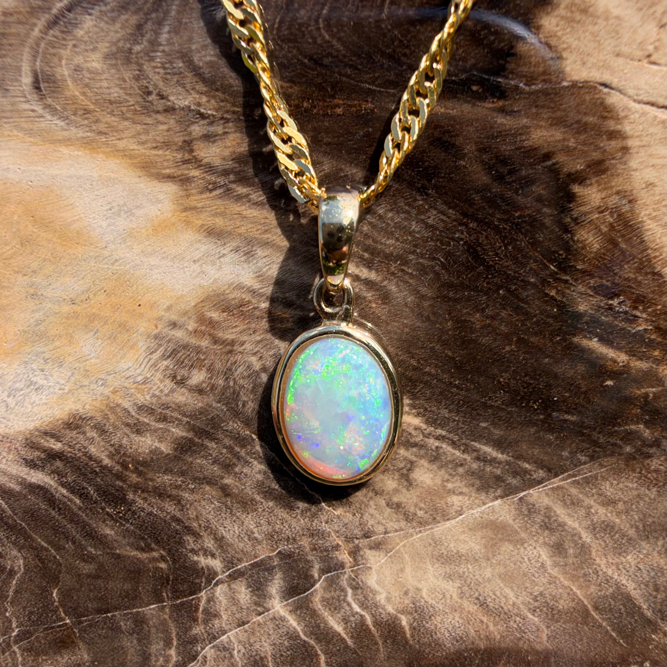 0.9ct Coober Pedy Opal Pendant Necklace ~ 'Cockle Creek Halo' | 14ct Yellow Gold | Solid Australian Opal