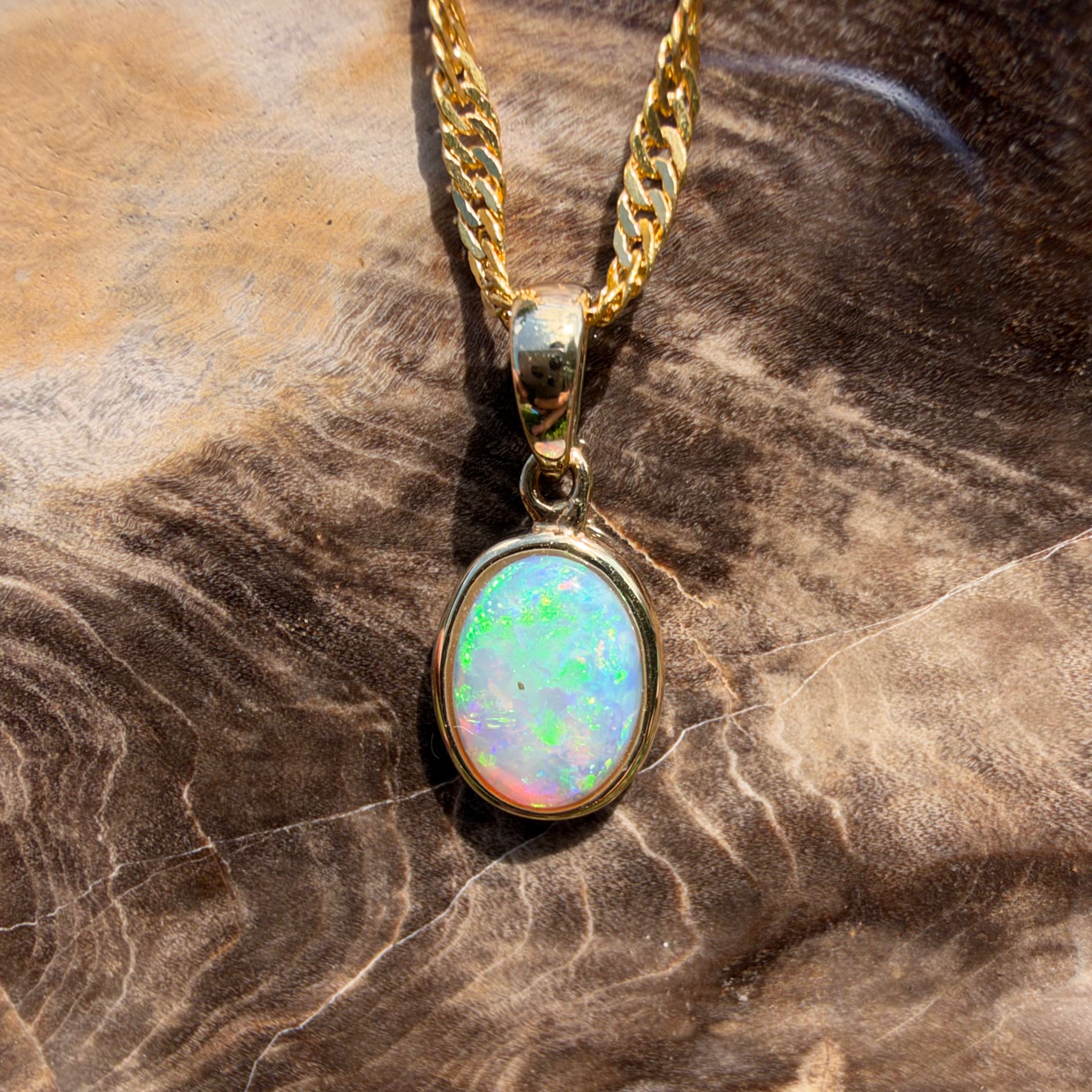 0.9ct Coober Pedy Opal Pendant Necklace ~ 'Cockle Creek Halo' | 14ct Yellow Gold | Solid Australian Opal