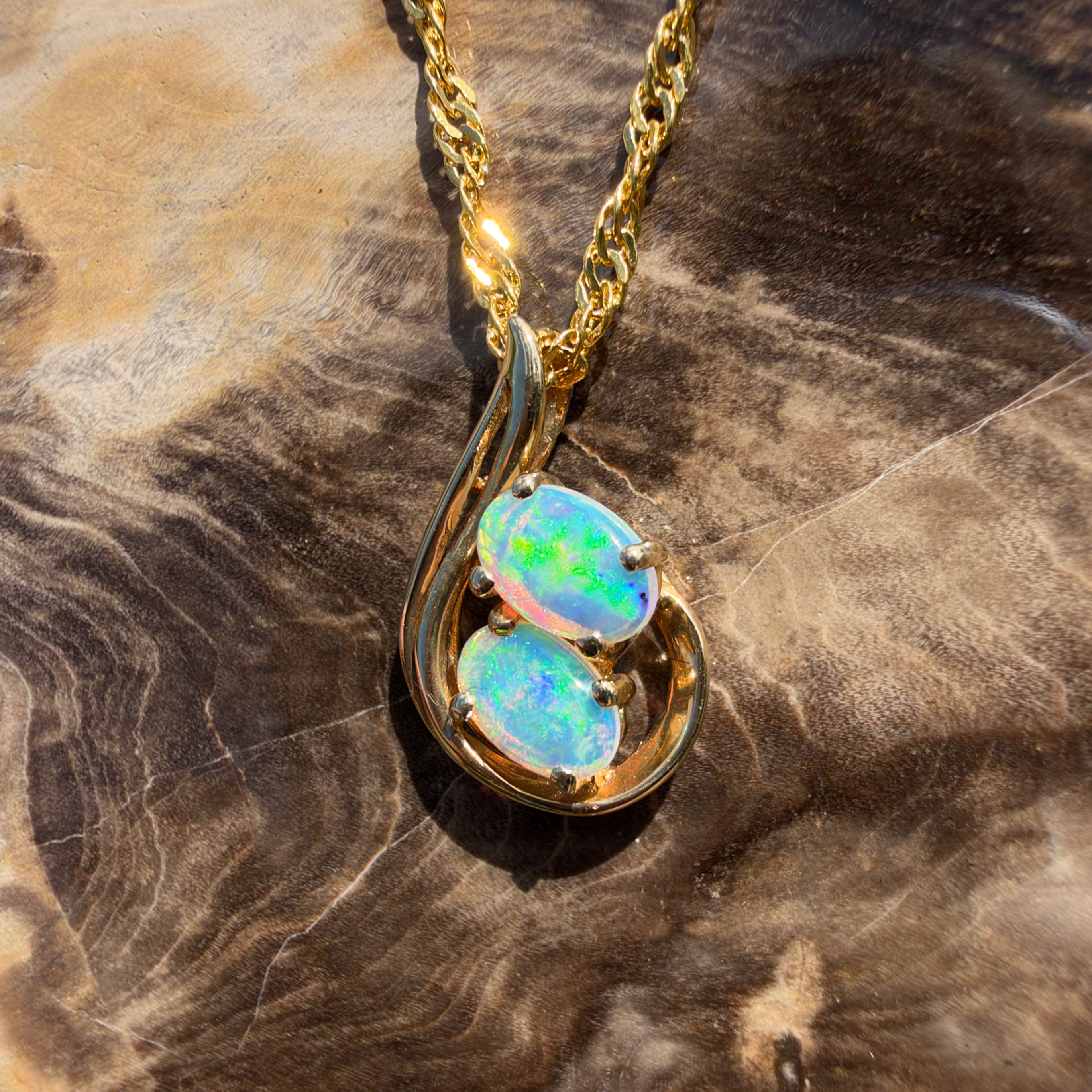 0.6ct Lightning Ridge Opal Swirl Pendant Necklace ~ 'Namadgi Ribbon' | 14ct Yellow Gold | Solid Australian Opal