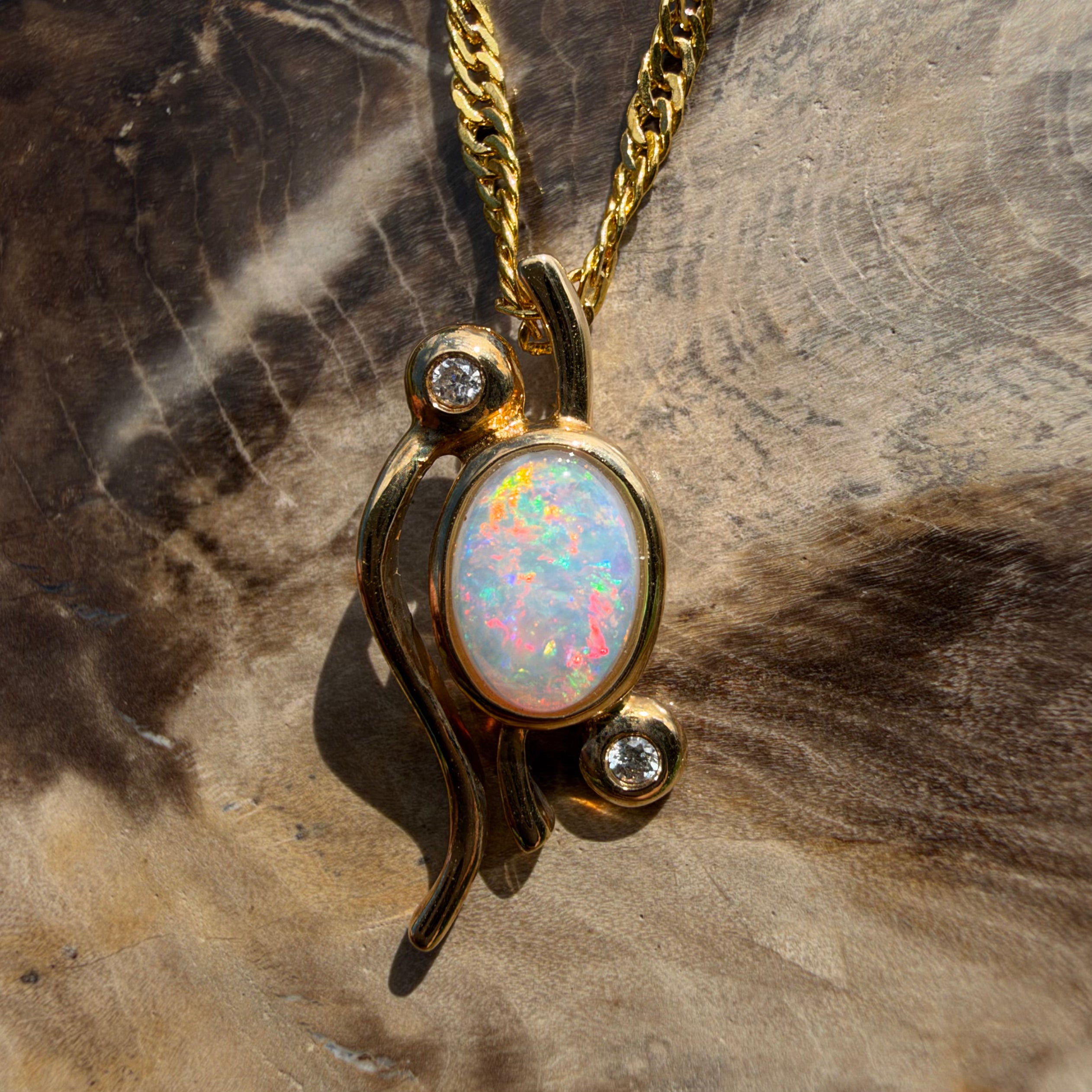 0.8ct Coober Pedy Opal & Diamond Pendant Necklace ~ 'Lady Elliot Rainbow' | 14ct Yellow Gold | Solid Australian Opal
