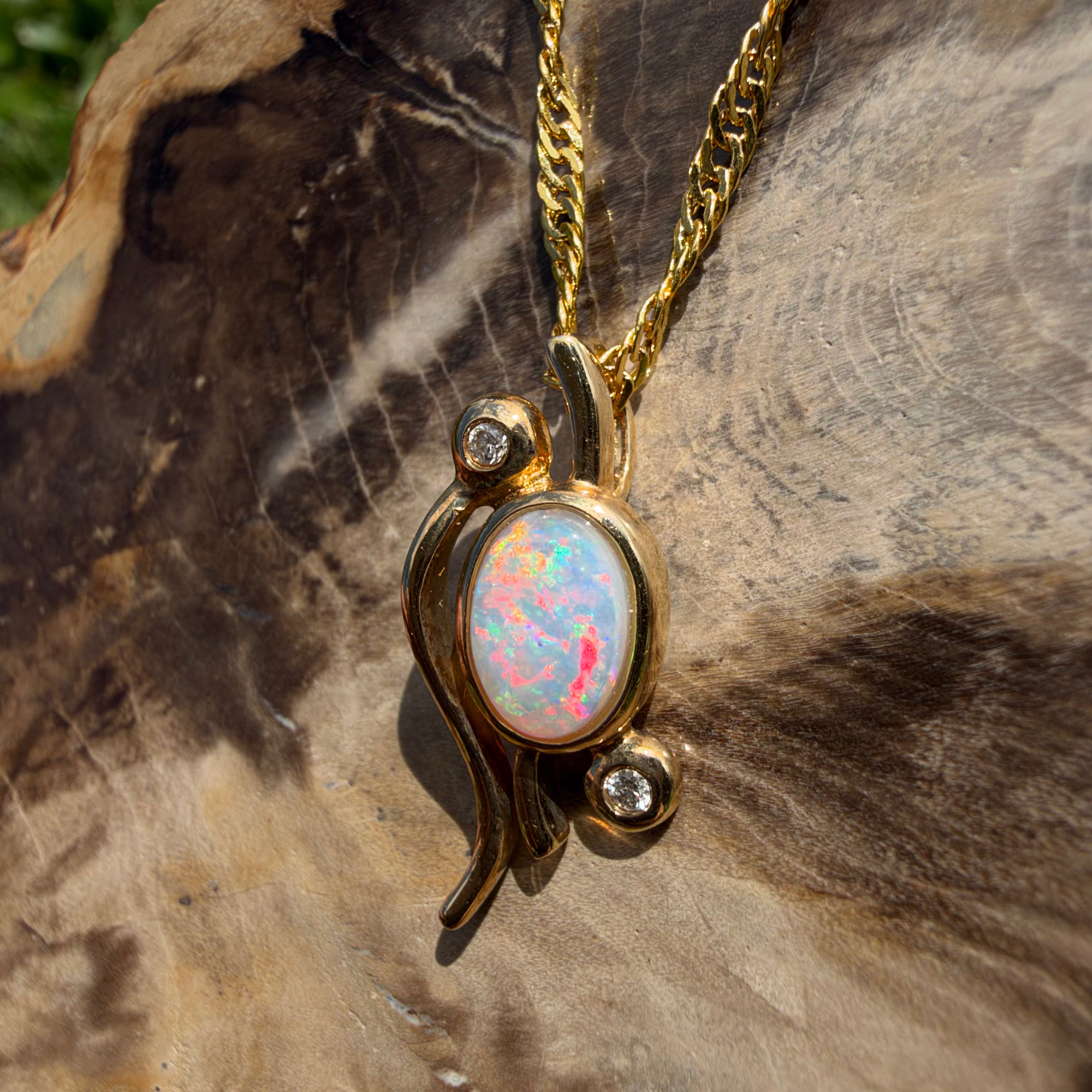 0.8ct Coober Pedy Opal & Diamond Pendant Necklace ~ 'Lady Elliot Rainbow' | 14ct Yellow Gold | Solid Australian Opal