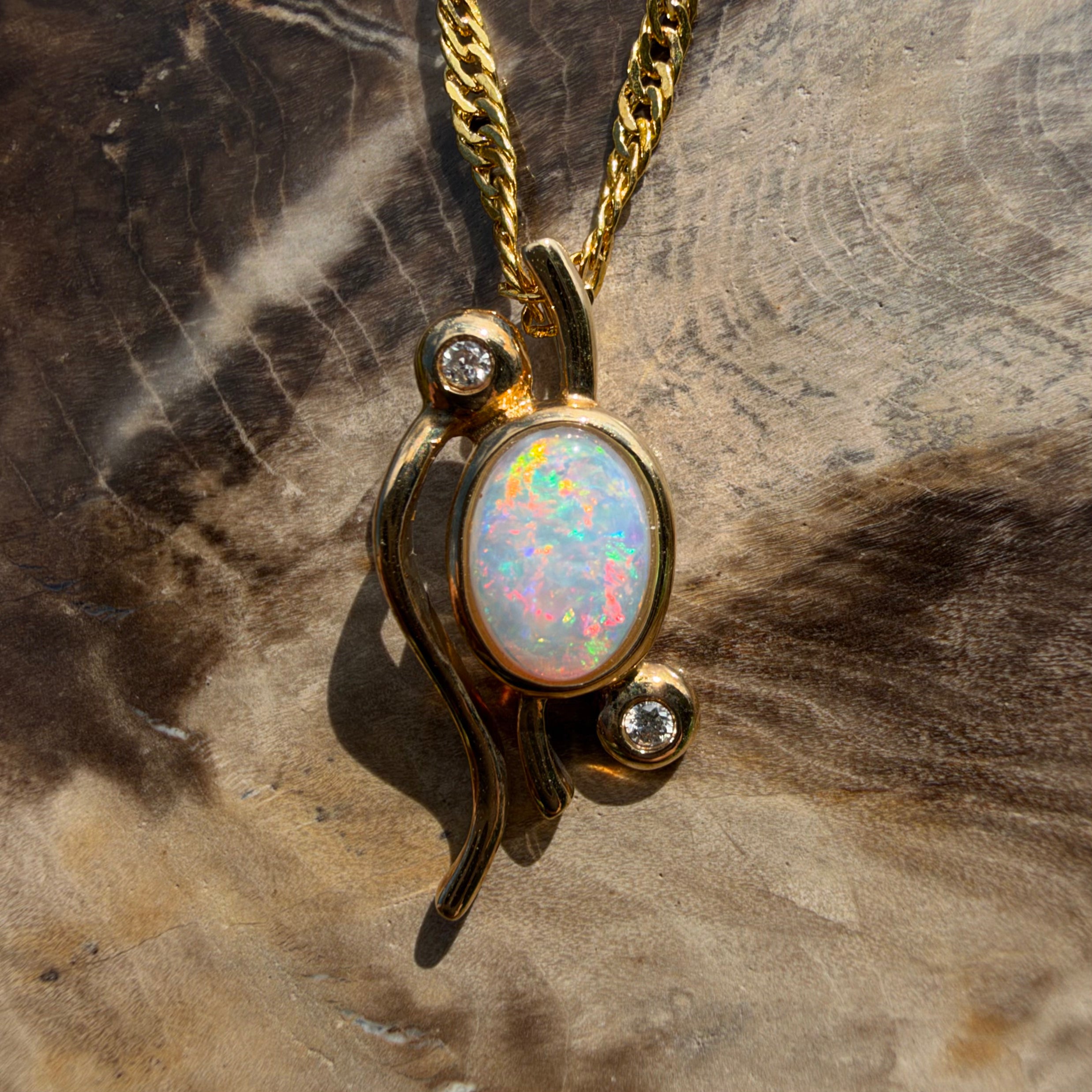 0.8ct Coober Pedy Opal & Diamond Pendant Necklace ~ 'Lady Elliot Rainbow' | 14ct Yellow Gold | Solid Australian Opal