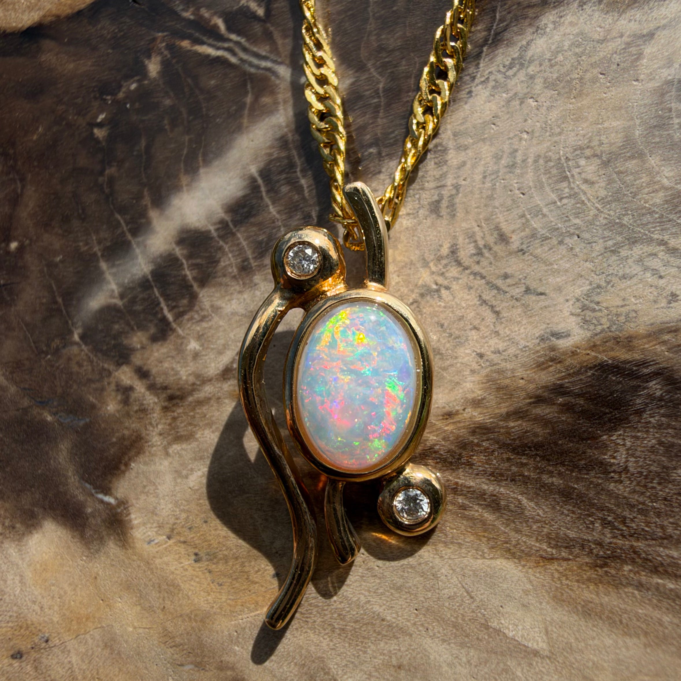 0.8ct Coober Pedy Opal & Diamond Pendant Necklace ~ 'Lady Elliot Rainbow' | 14ct Yellow Gold | Solid Australian Opal