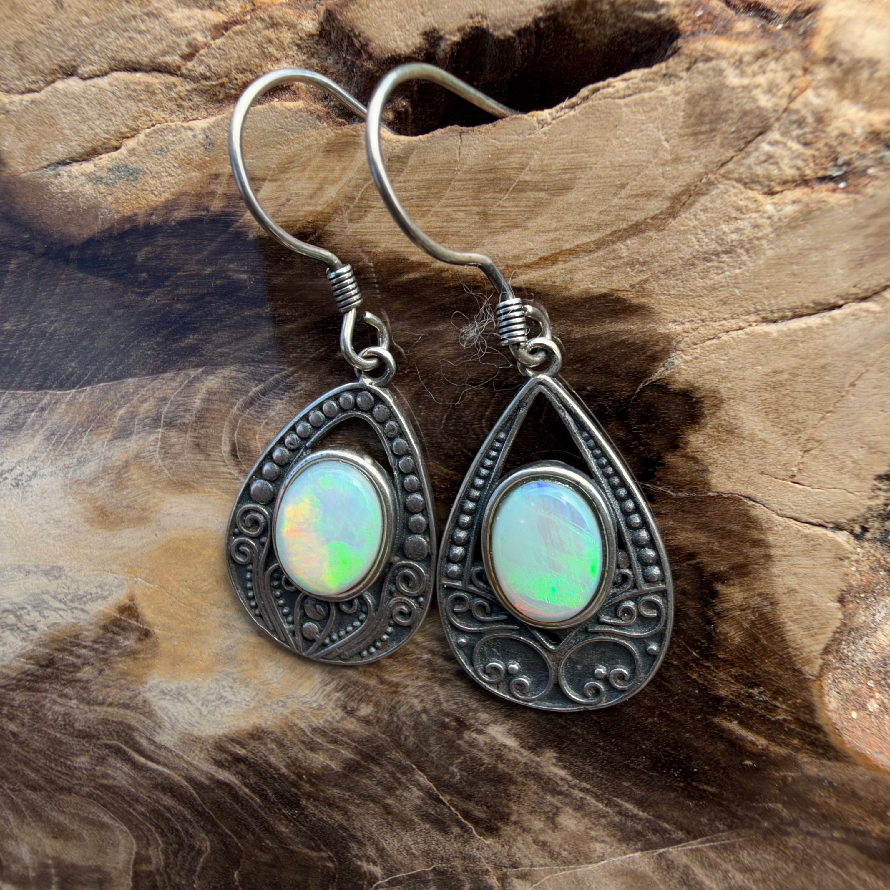 1.3ct Lightning Ridge Opal Filigree Teardrop Hook Earrings ~ 'Tilba Teardrop' | 925 Sterling Silver | Solid Australian Opal