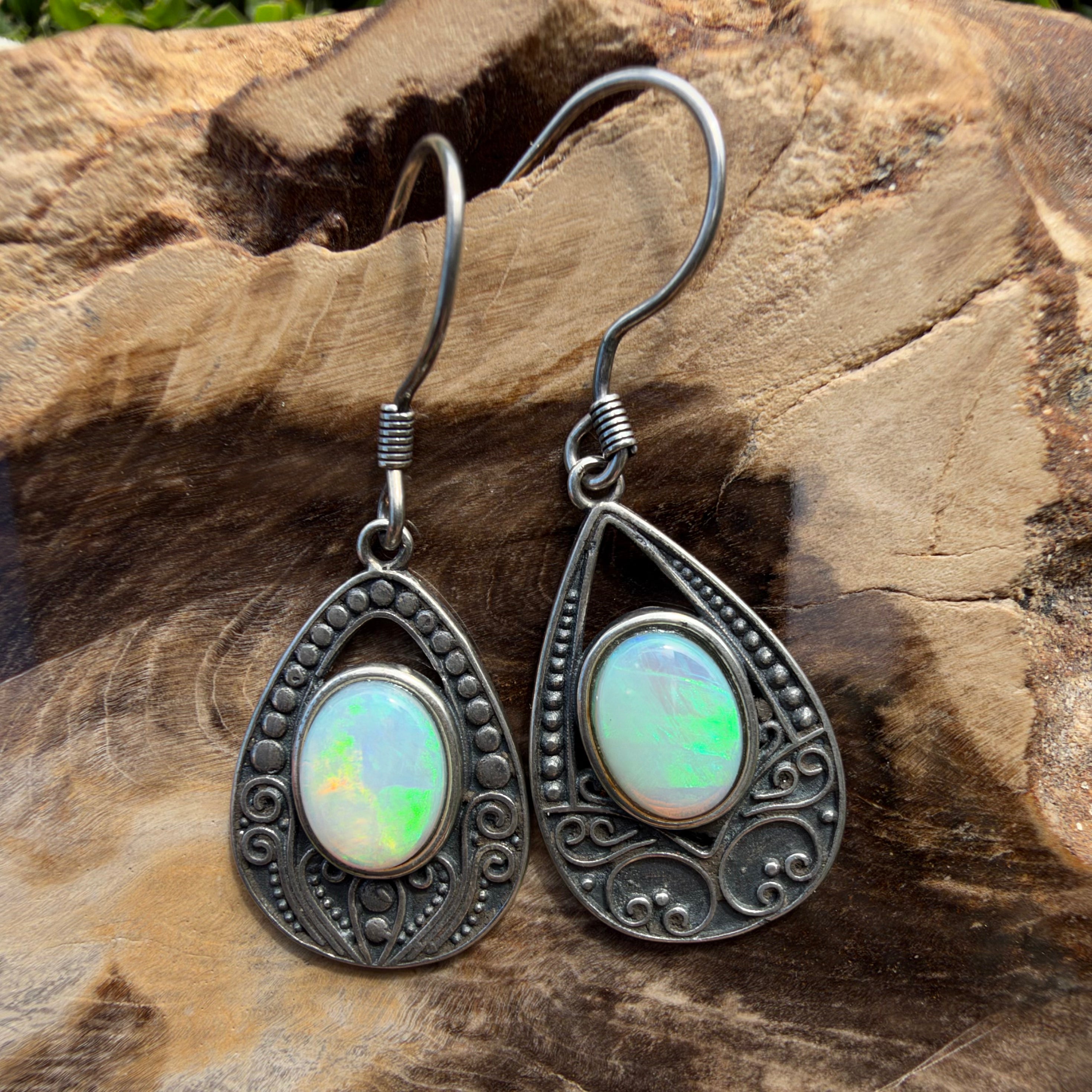 1.3ct Lightning Ridge Opal Filigree Teardrop Hook Earrings ~ 'Tilba Teardrop' | 925 Sterling Silver | Solid Australian Opal