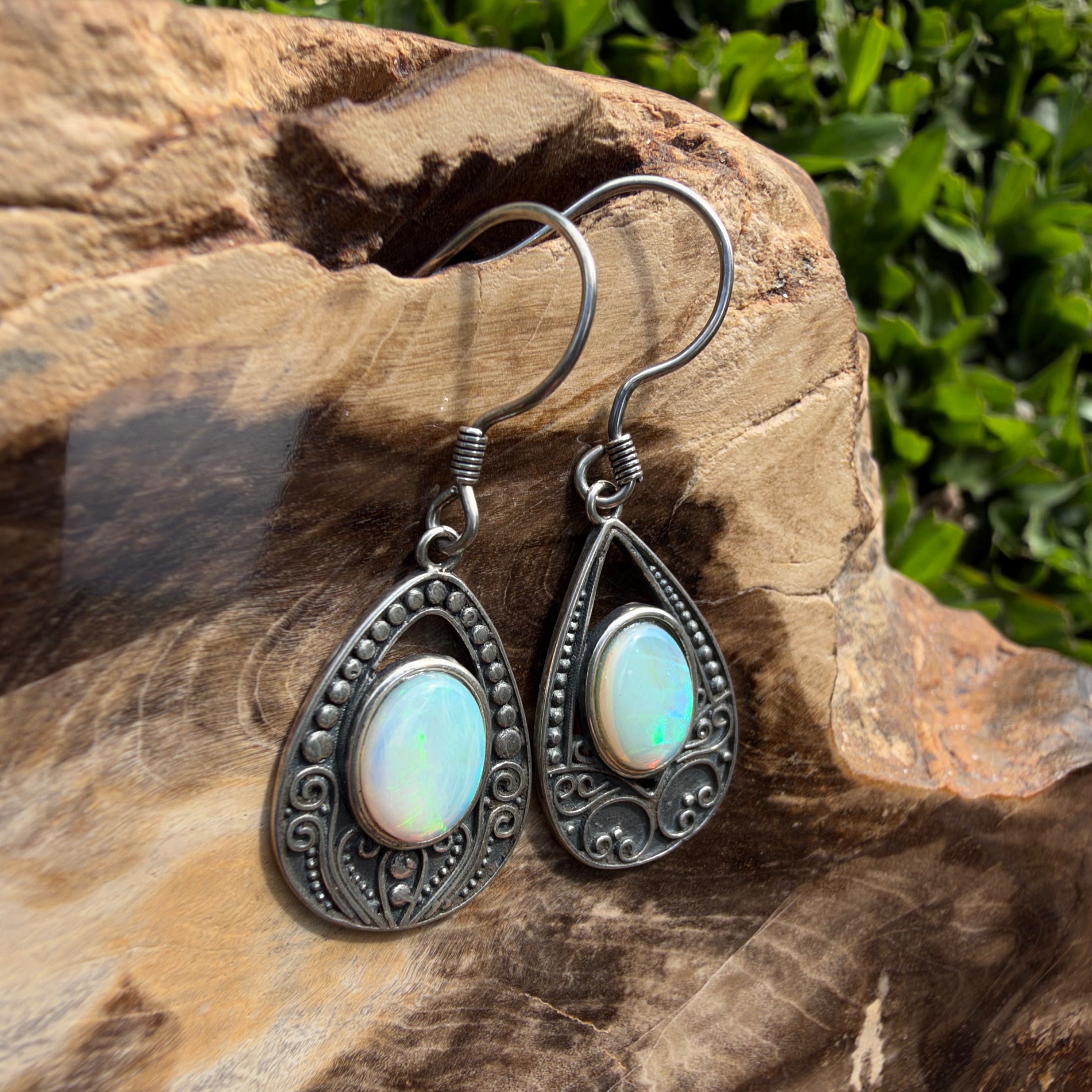 1.3ct Lightning Ridge Opal Filigree Teardrop Hook Earrings ~ 'Tilba Teardrop' | 925 Sterling Silver | Solid Australian Opal