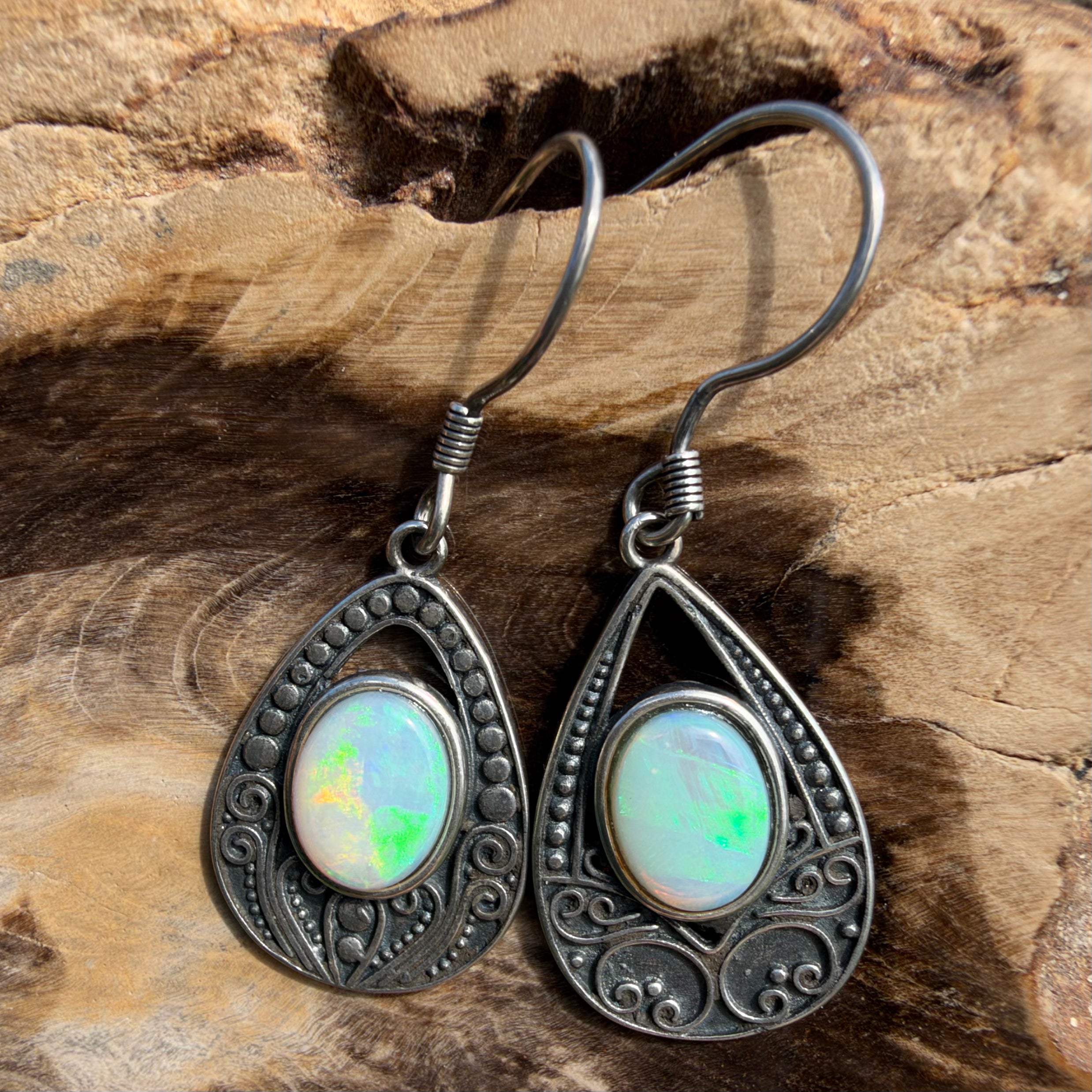 1.3ct Lightning Ridge Opal Filigree Teardrop Hook Earrings ~ 'Tilba Teardrop' | 925 Sterling Silver | Solid Australian Opal