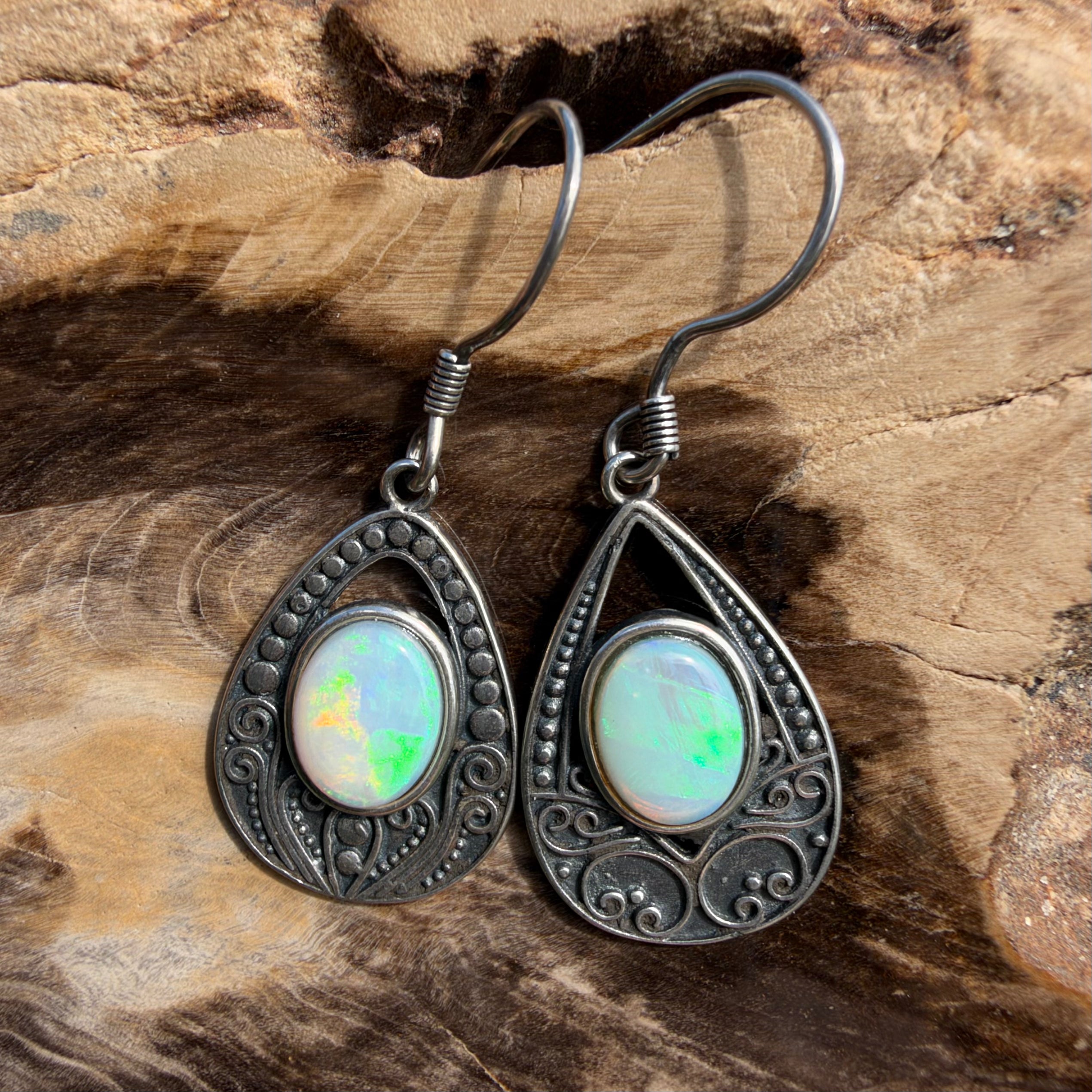 1.3ct Lightning Ridge Opal Filigree Teardrop Hook Earrings ~ 'Tilba Teardrop' | 925 Sterling Silver | Solid Australian Opal