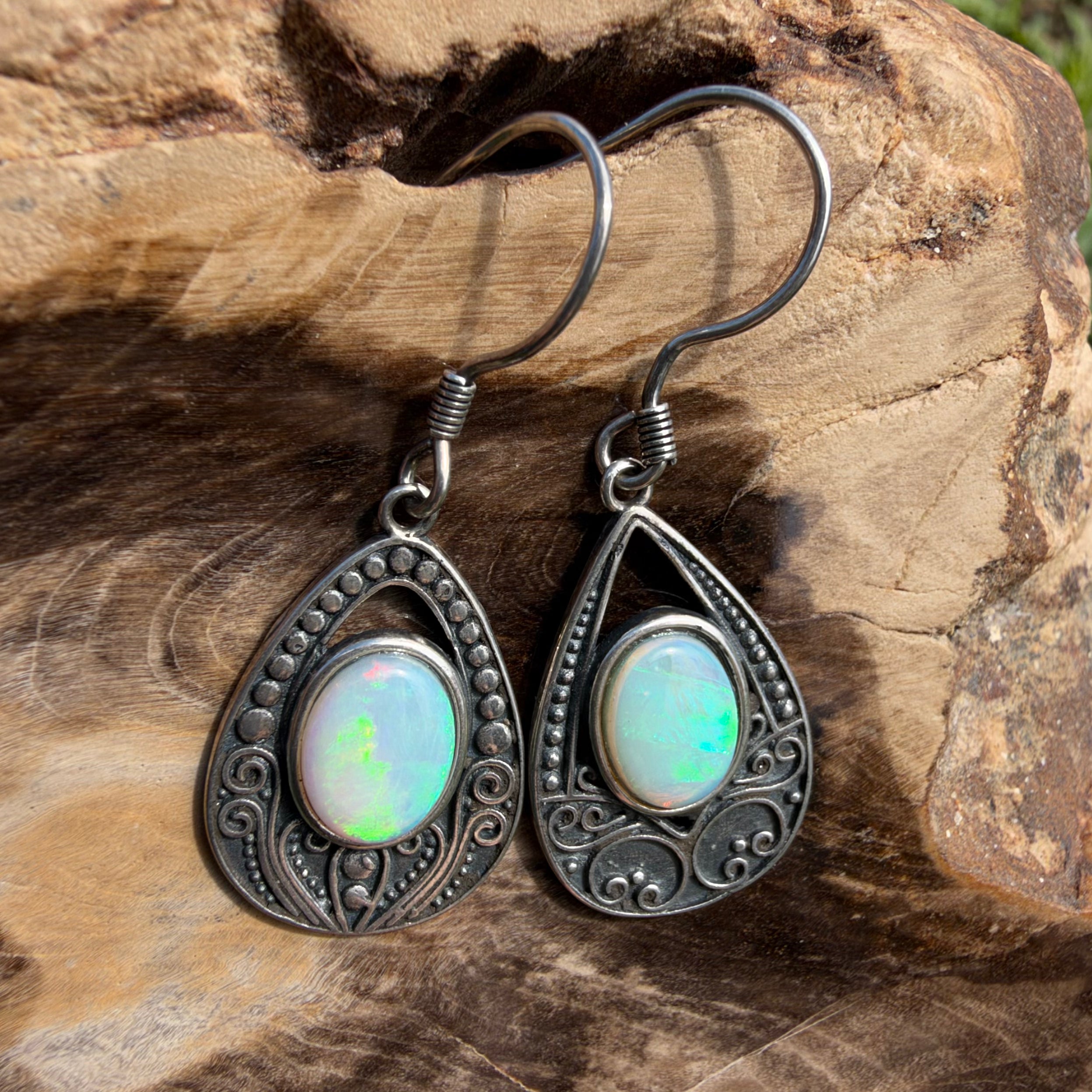 1.3ct Lightning Ridge Opal Filigree Teardrop Hook Earrings ~ 'Tilba Teardrop' | 925 Sterling Silver | Solid Australian Opal