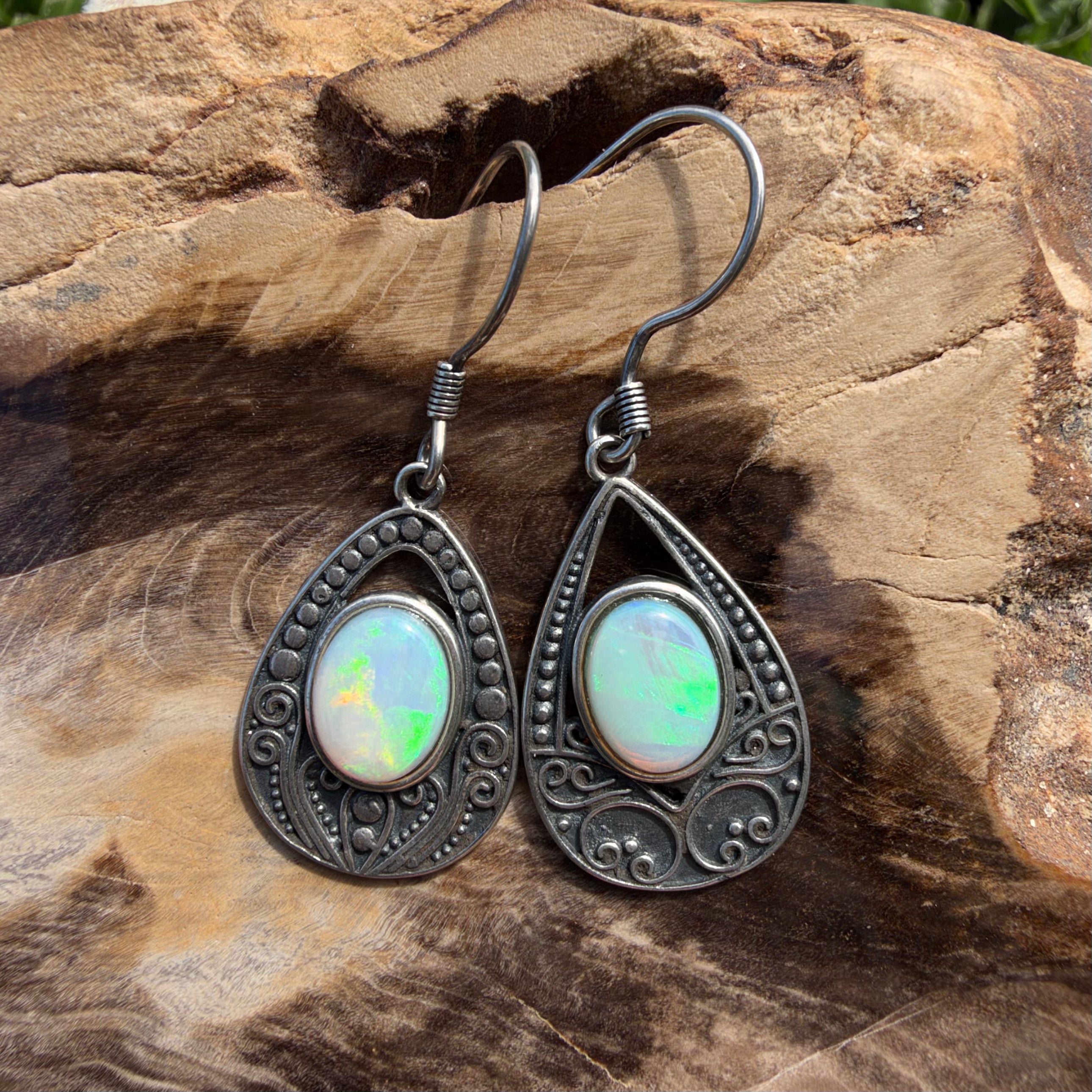 1.3ct Lightning Ridge Opal Filigree Teardrop Hook Earrings ~ 'Tilba Teardrop' | 925 Sterling Silver | Solid Australian Opal