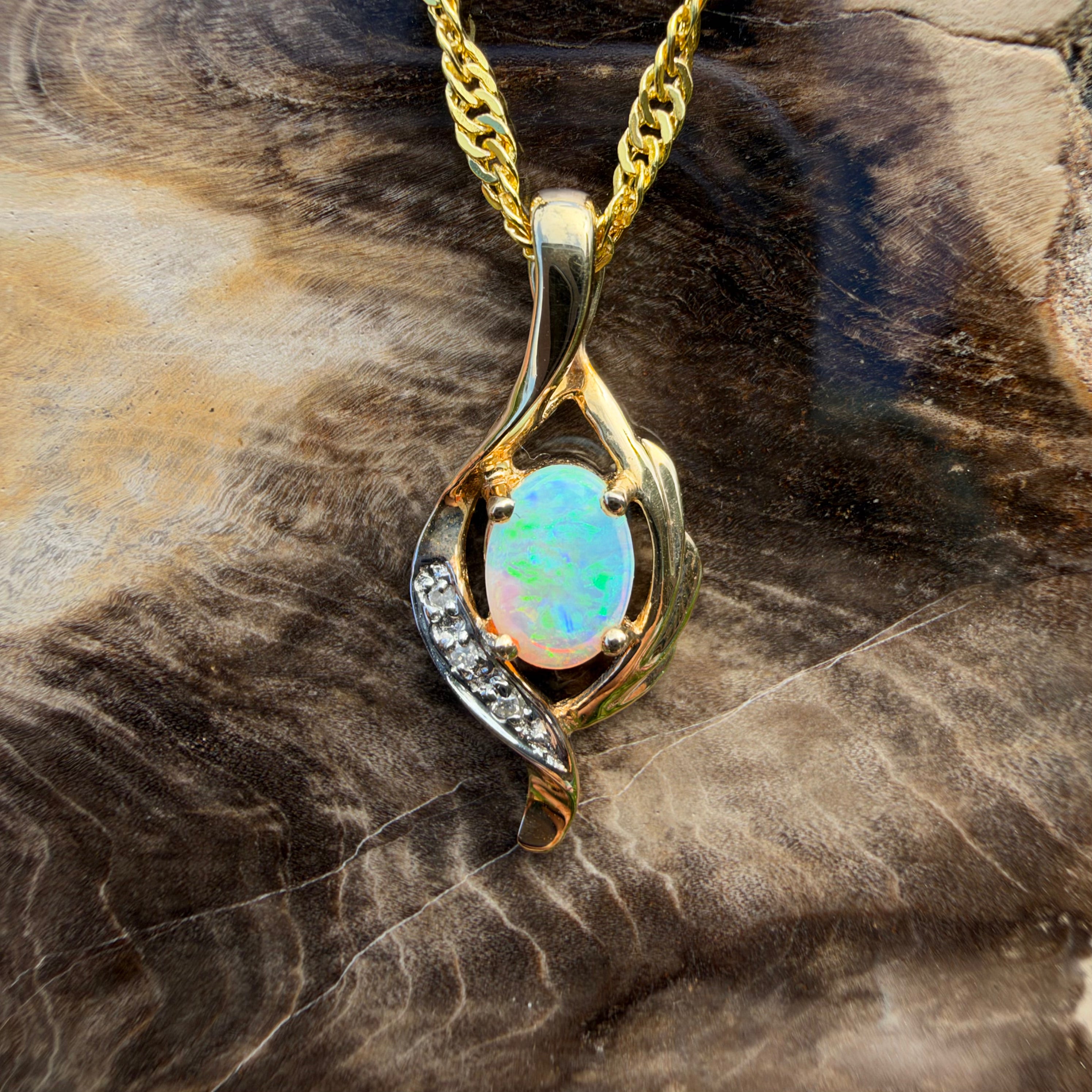 0.6ct Coober Pedy Opal & Diamond Pendant Necklace ~ 'Queenscliff Sparkle' | 14ct Yellow Gold | Solid Australian Opal