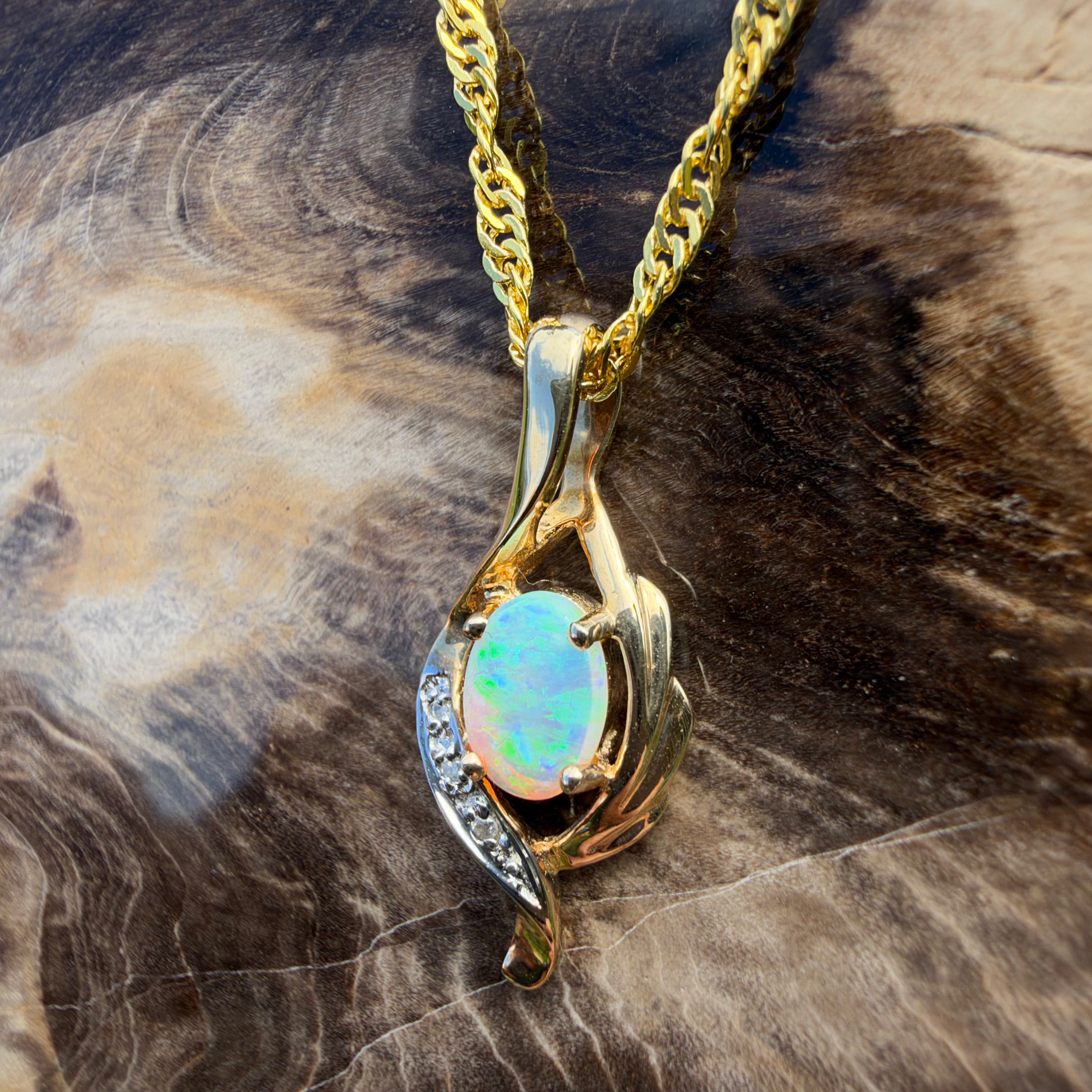 0.6ct Coober Pedy Opal & Diamond Pendant Necklace ~ 'Queenscliff Sparkle' | 14ct Yellow Gold | Solid Australian Opal