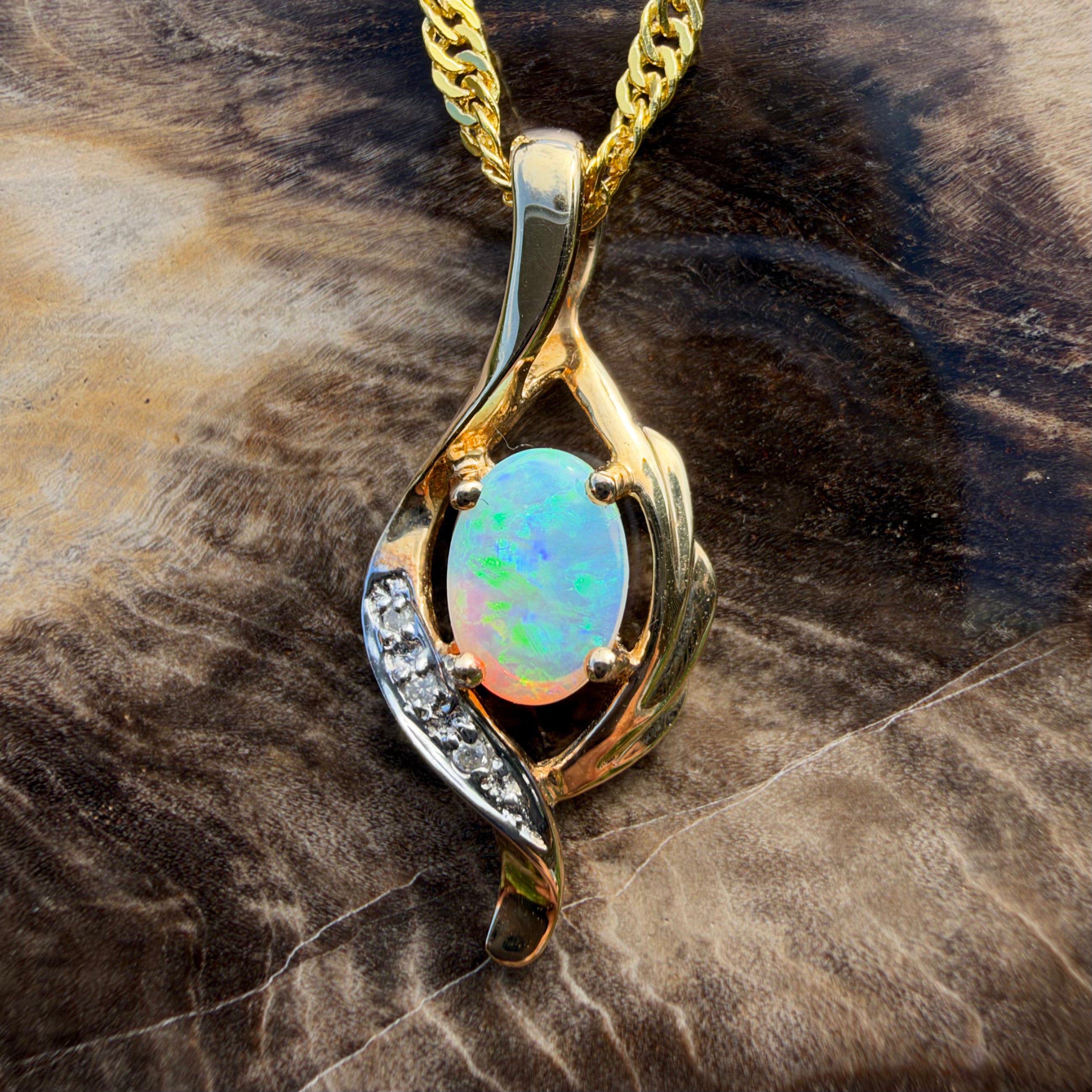0.6ct Coober Pedy Opal & Diamond Pendant Necklace ~ 'Queenscliff Sparkle' | 14ct Yellow Gold | Solid Australian Opal
